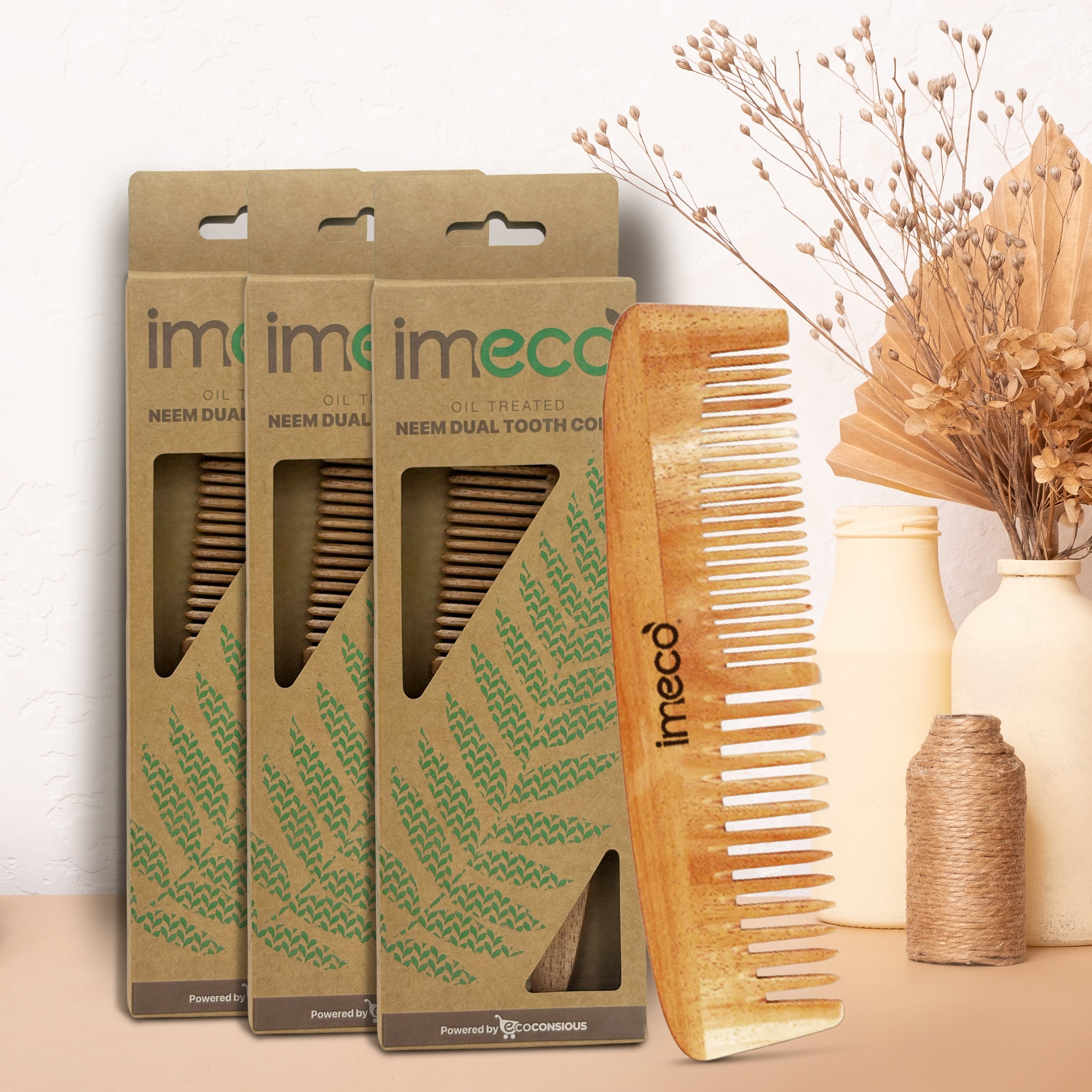 Neem Wood Dual -Tooth Hair Comb (Pack of 3)