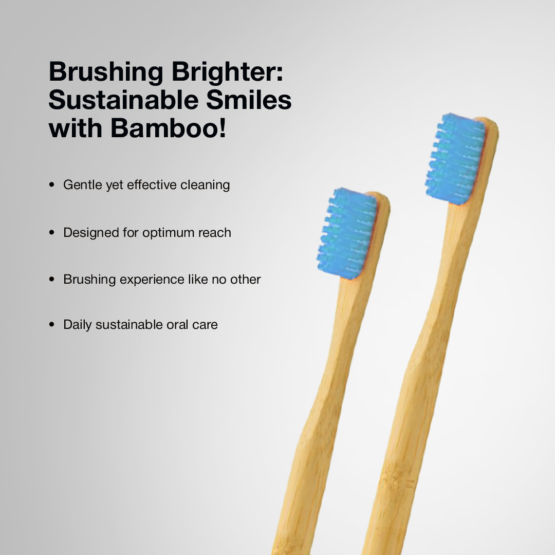 Two ORBY Plus bamboo toothbrush against a white background highlighting all the key features and benefits