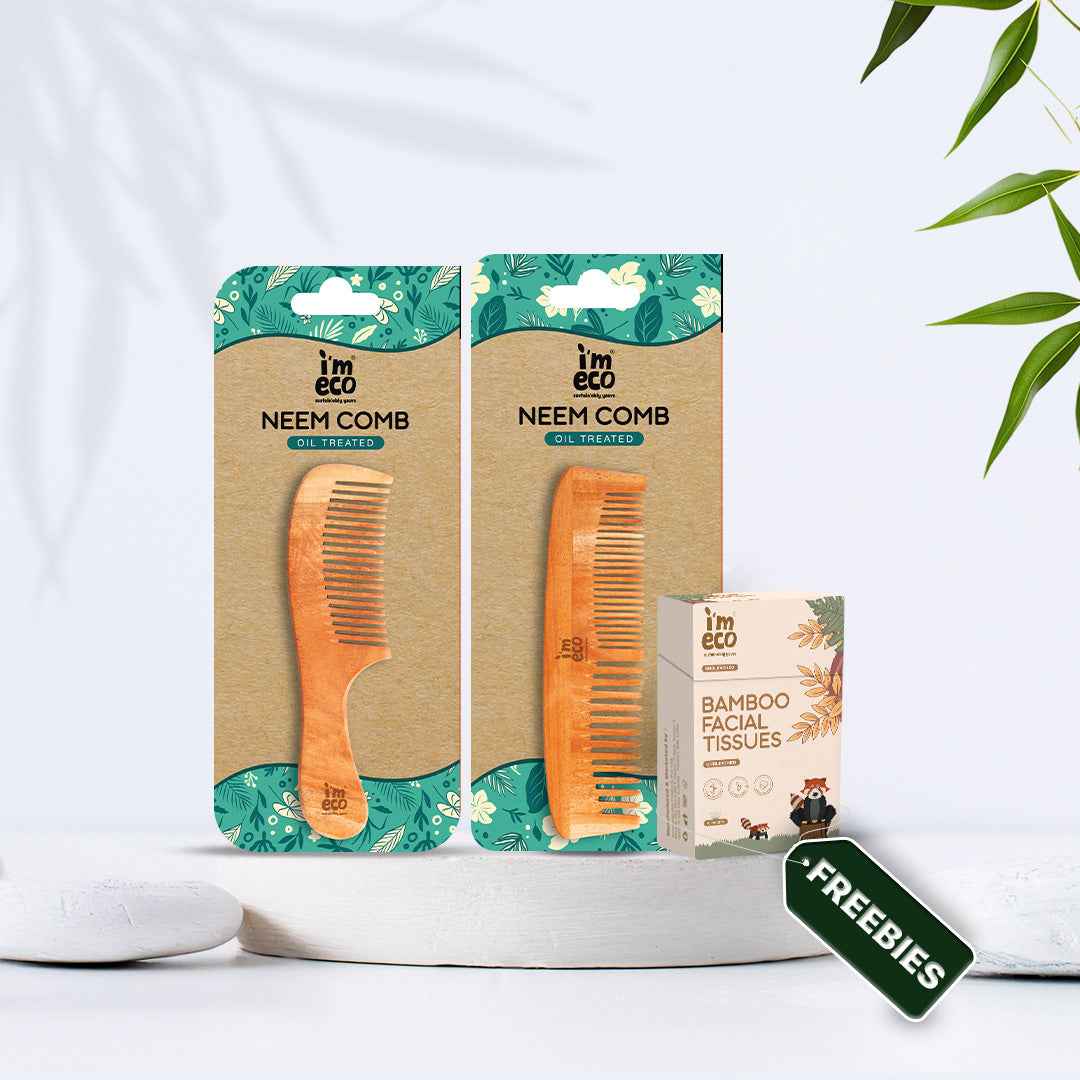 Neem Wood Dual-Tooth Comb & Wide-Tooth Comb with Free 1 Pocket Tissue Pack – Organic Care Combo