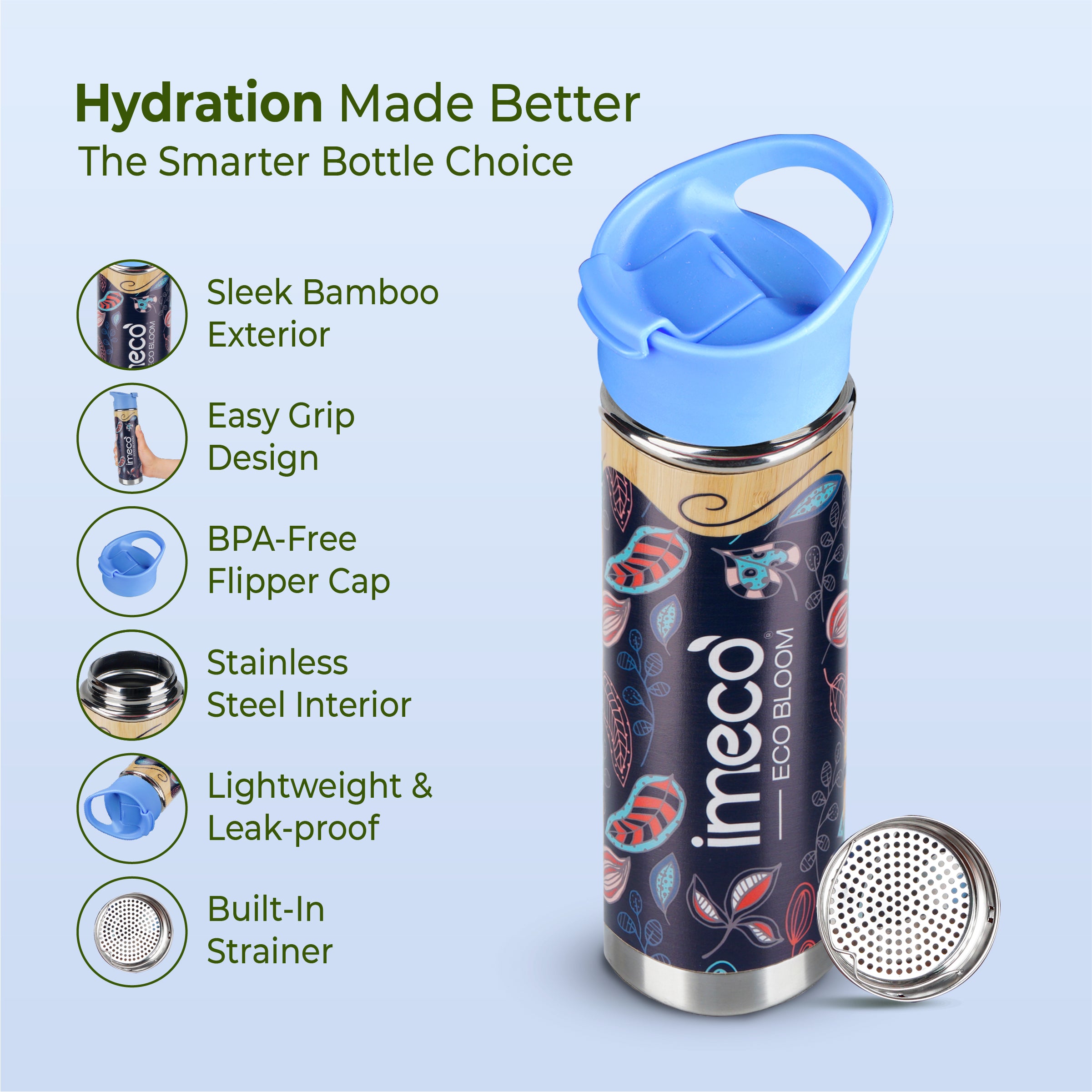 ECO-BLOOM Bamboo Printed Water Bottle (450 ml) - Imeco India