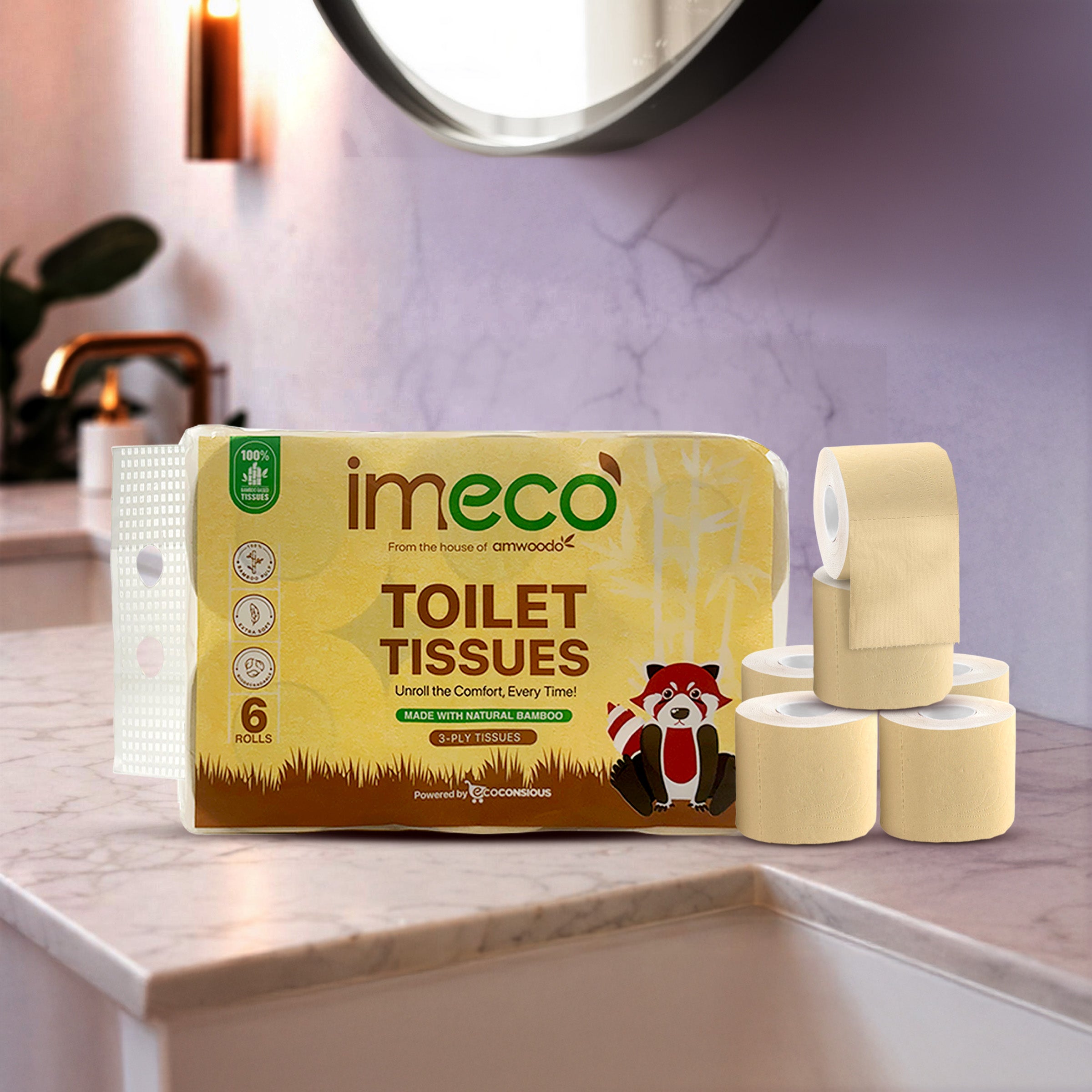 Hypoallergenic Bamboo Toilet Tissue Rolls (6 Rolls - 160 Pulls) - Imeco India