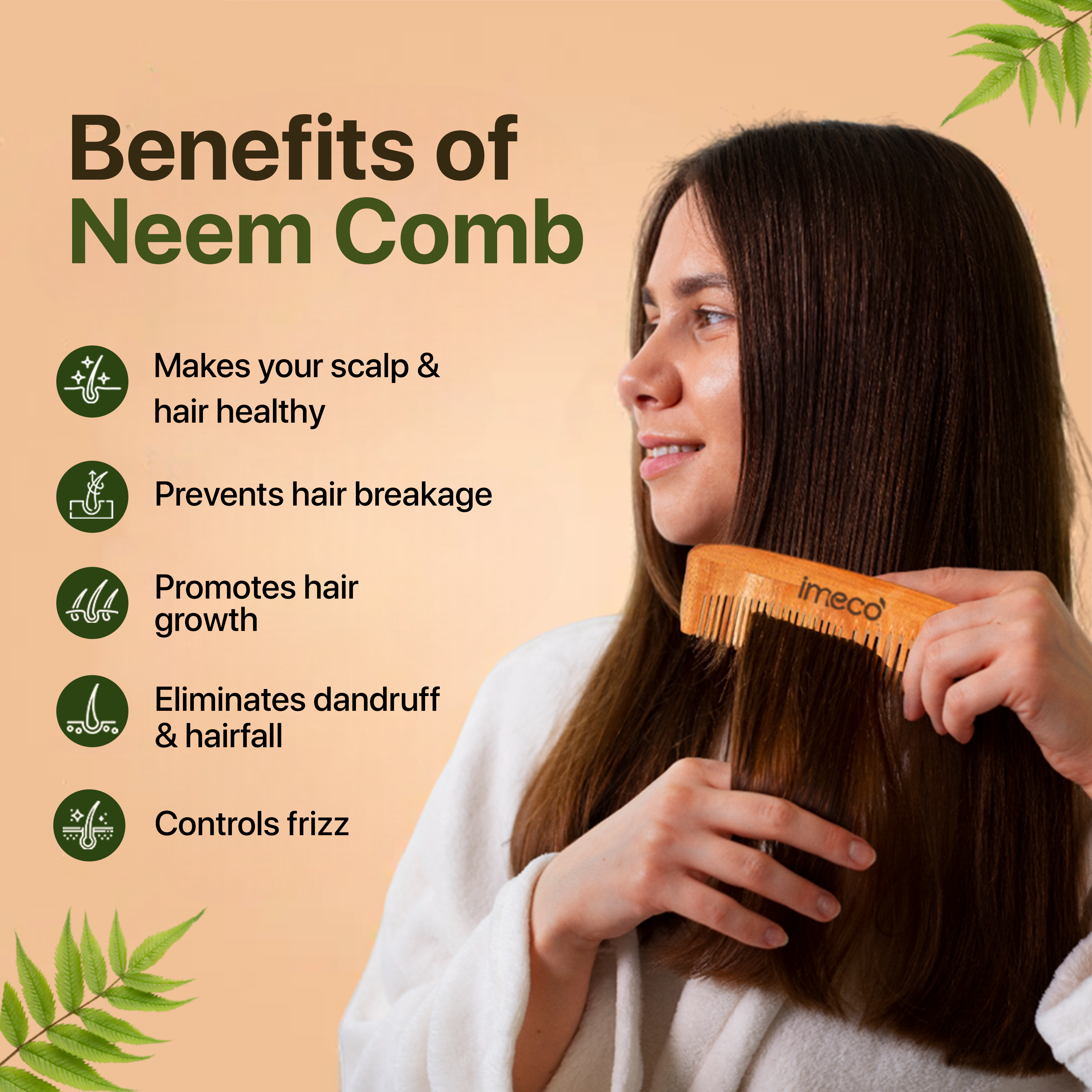 Woman combing her hair with a neem comb, surrounded by text listing benefits on a beige background.