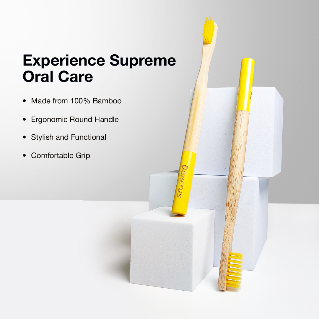 Two Dencrus ORBY Plus bamboo toothbrushes placed against a white blocks against a white background highlighting the main USPs