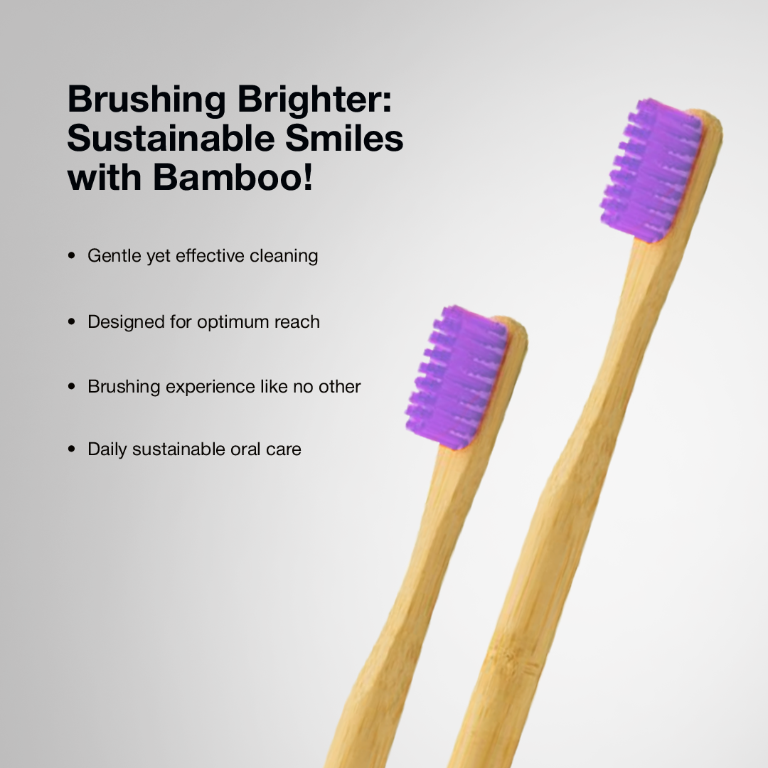 Two Dencrus ORBY Plus bamboo toothbrush lavender-coloured against a white background highlighting the benefits of using bamboo toothbrushes