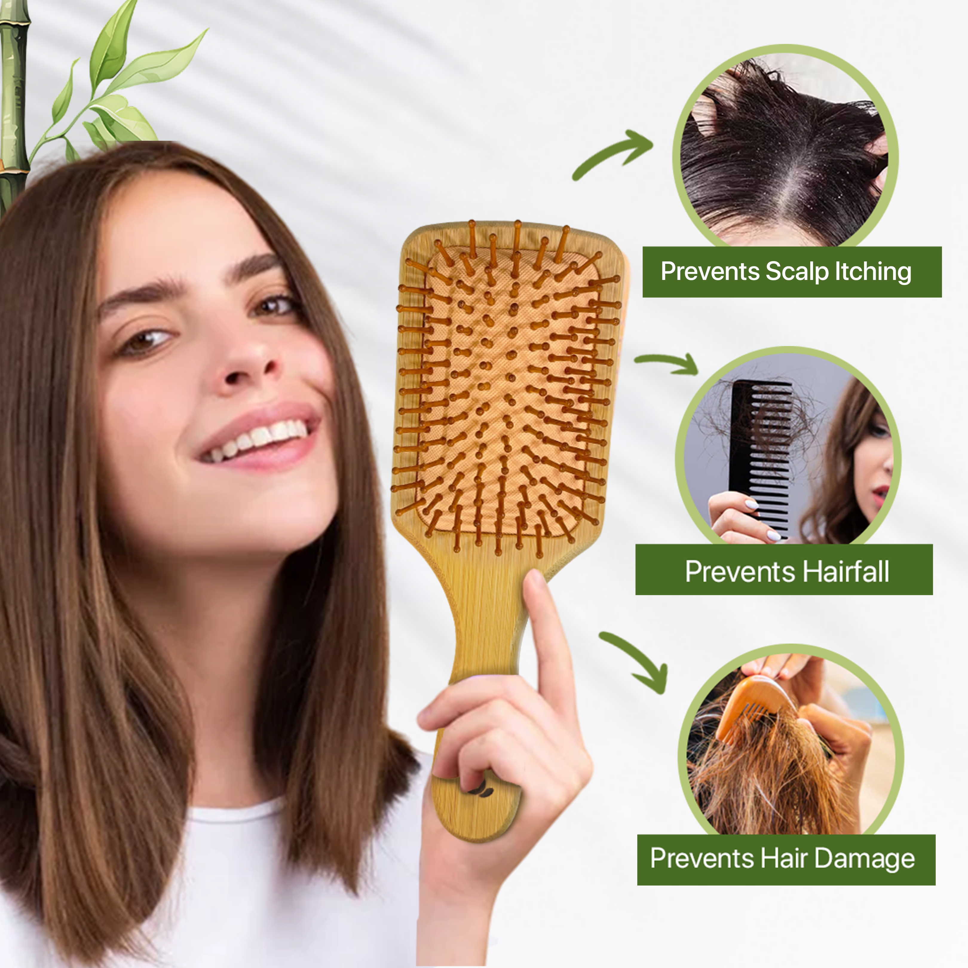 Woman holding a IMEOC bamboo paddle hairbrush with health benefits displayed on a white background