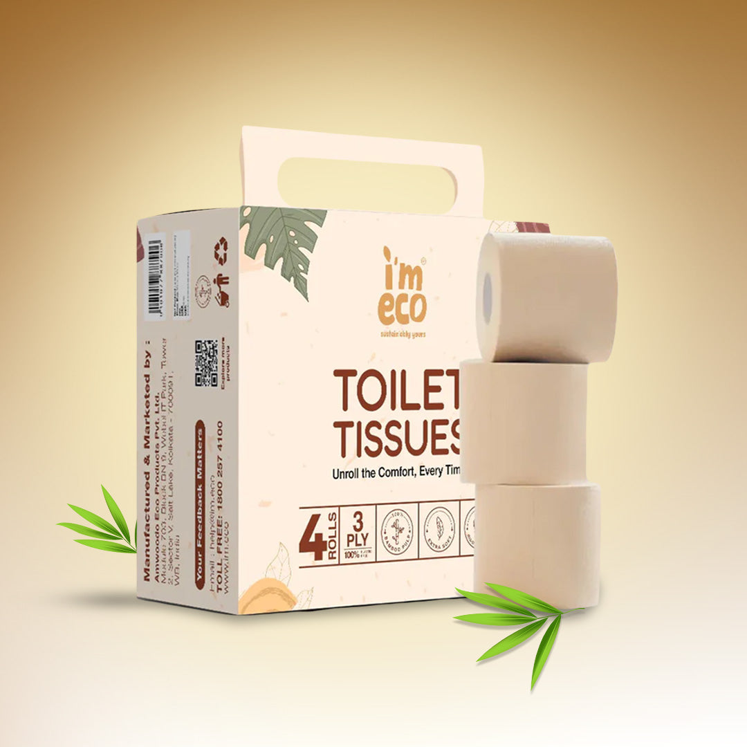 Packaging and rolls of IMECO bamboo toilet tissue with branding and eco-friendly symbols displayed.