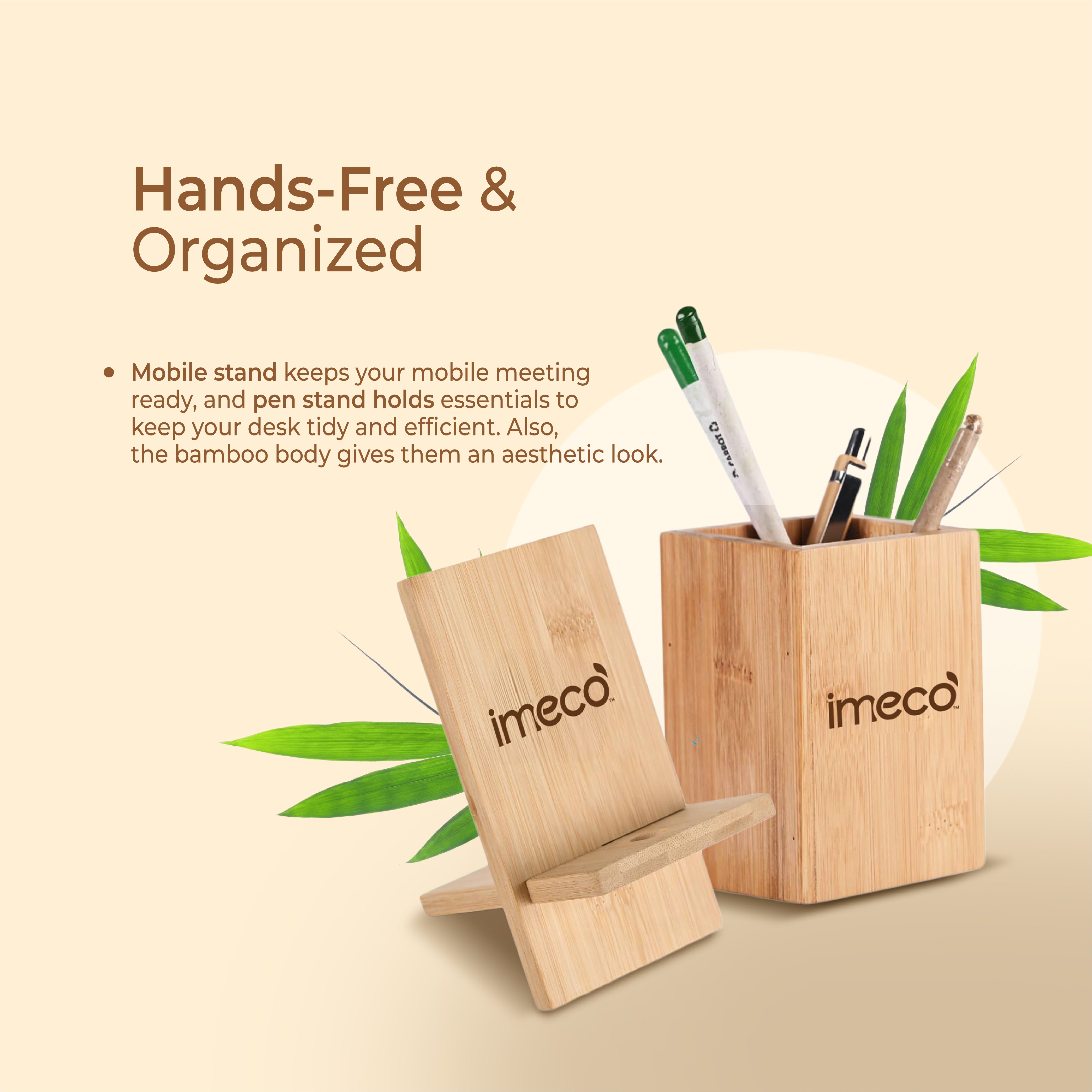 ECO BLOOM Bamboo Water Bottle with Mobile Stand, Pen Stand & Aloe Vera Wet Wipes - Office Essentials Combo - Imeco India