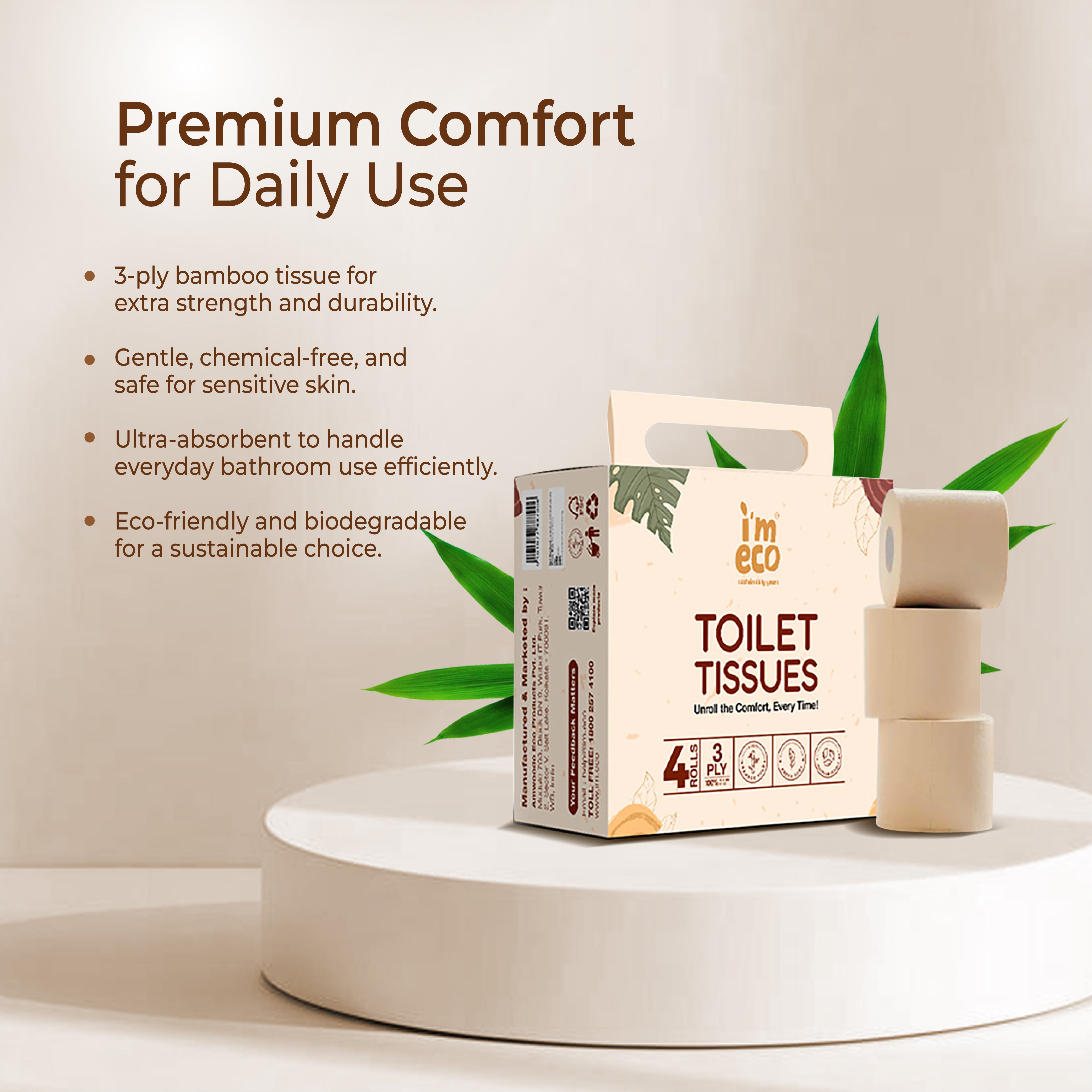 imeco toilet tissues packaging with green leaves on a neutral background
