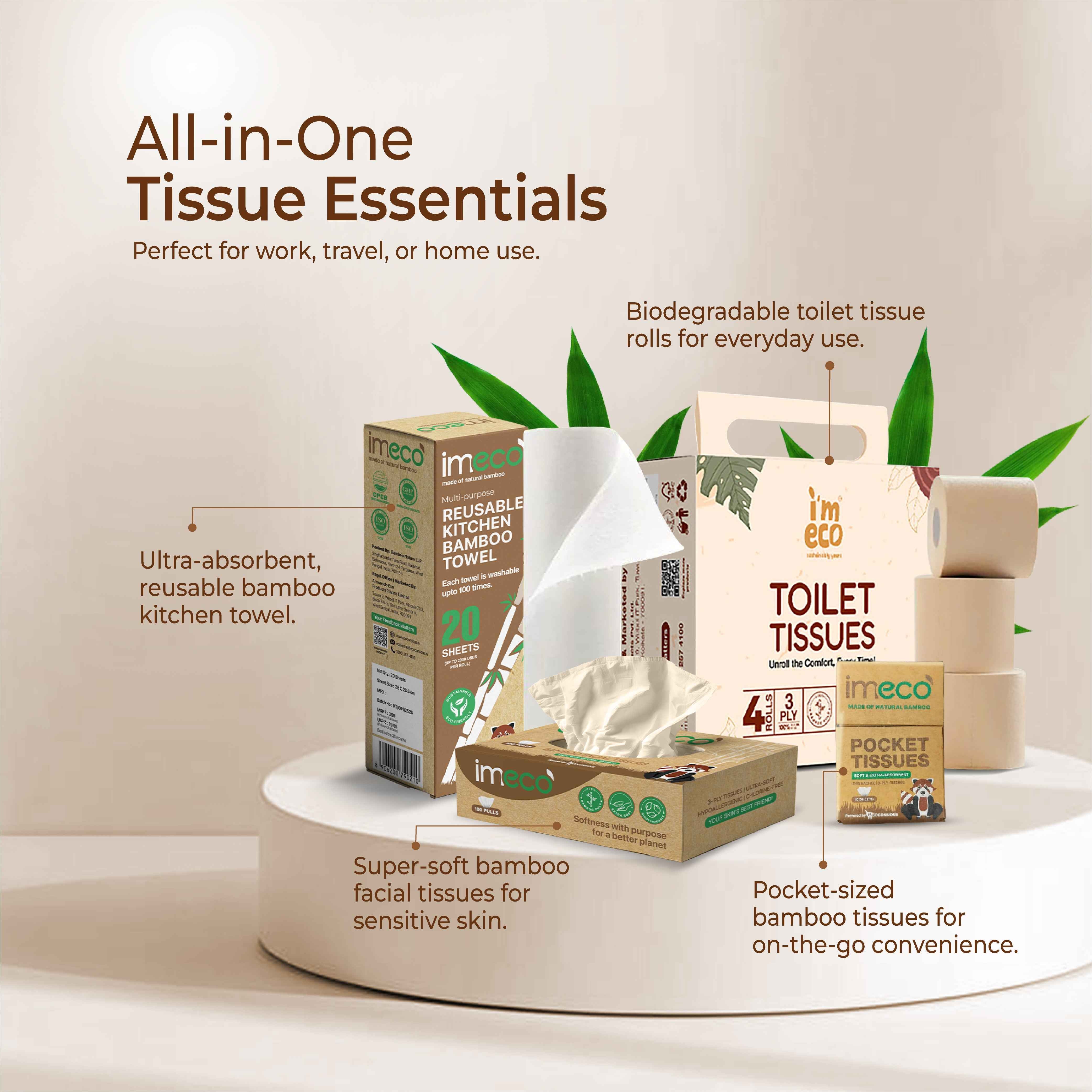 Everyday Bamboo Care Essentials - Toilet Tissue Roll, Kitchen Towel, Facial Tissue with 1 Free Pocket Tissue
