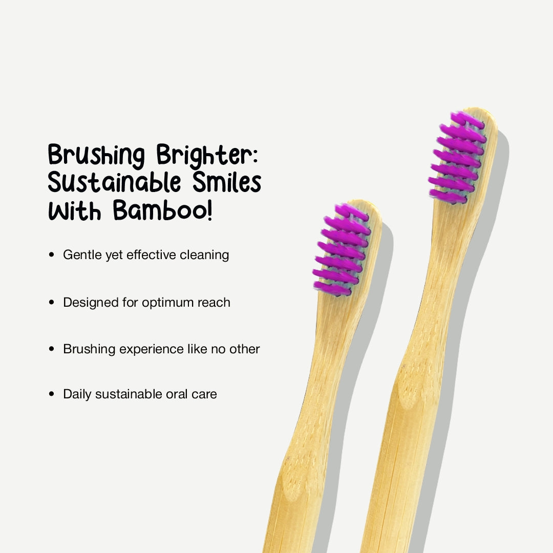 Two ORBY Kids toothbrush against a white background highlighting all key features like why brushing is better with bamboo toothbrush