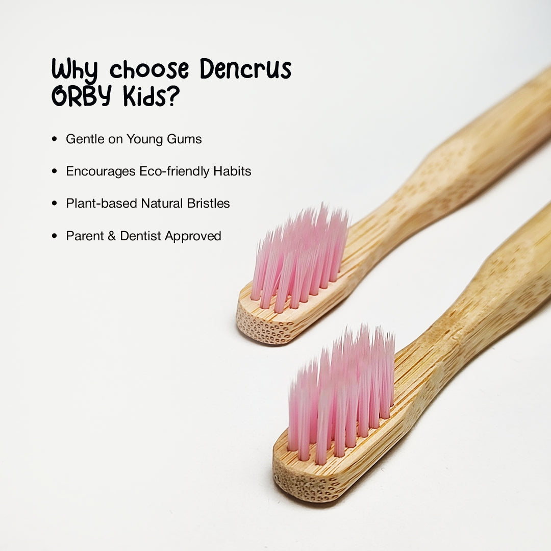 Close up image of two ORBY Kids Bamboo toothbrush against a white background highlighting all the key features