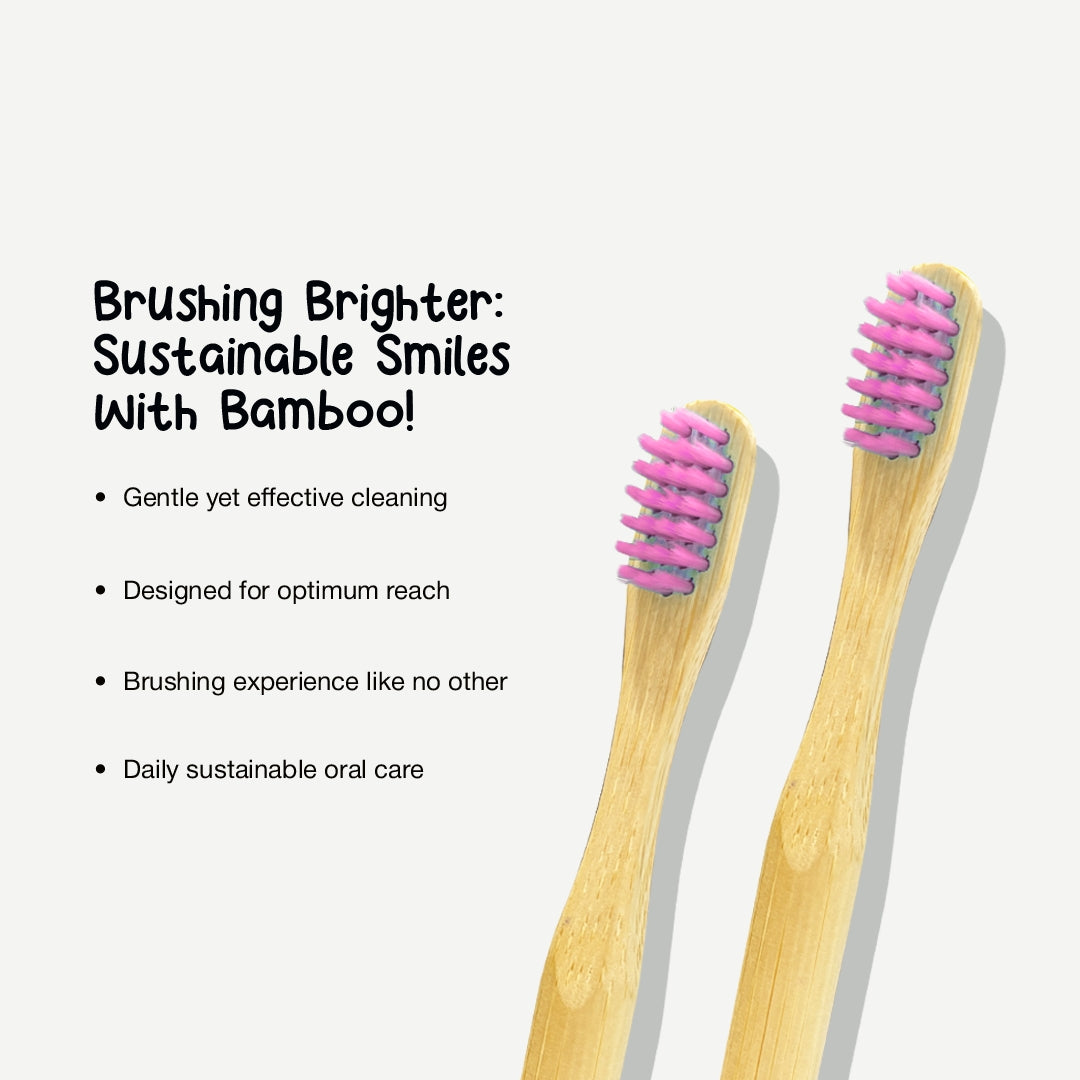 Two ORBY Kids bamboo toothbrush against a white background while all the key features of sustainable brushing is mentioned