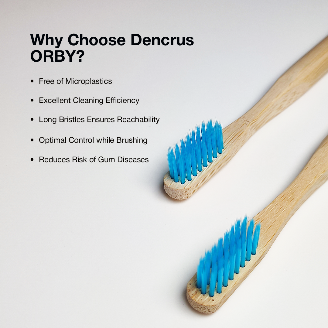 Two ORBY Plus bamboo toothbrushes with blue bristles against a white background highlighting all the key features and benefits