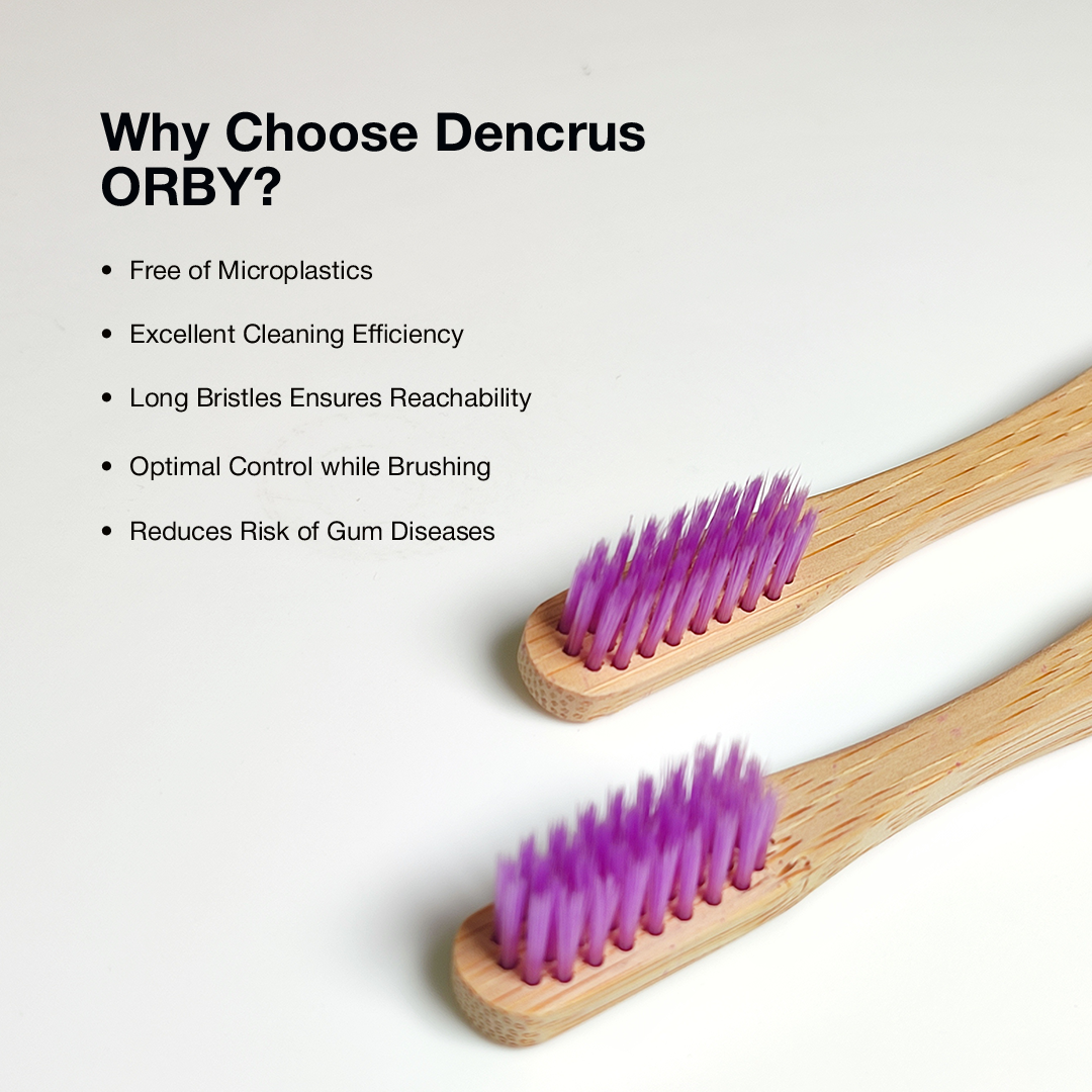 Two ORBY Plus bamboo toothbrush with lavender-coloured bristles placed on a white surface highlighting all the key features and benefits are mentioned