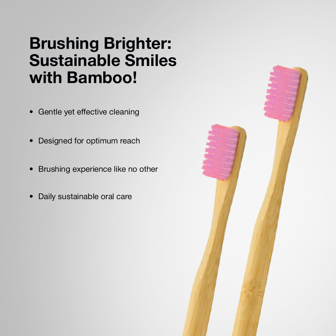 Two ORBY Plus bamboo toothbrushes against a white background highlighting all the key features