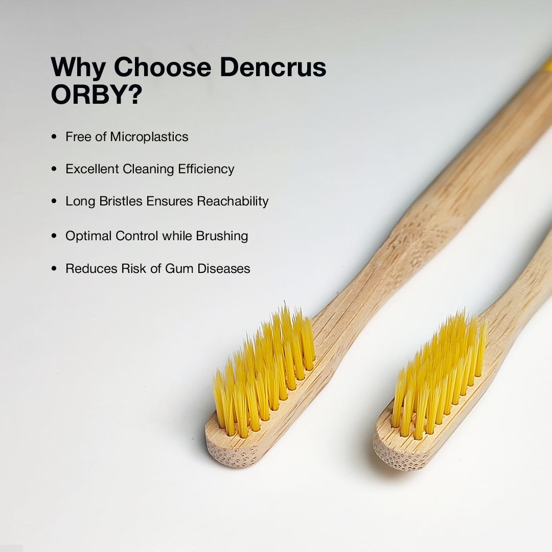 Two ORBY Plus bamboo toothbrushes placed on a white surface against a white background highlighting all the key features and benefits