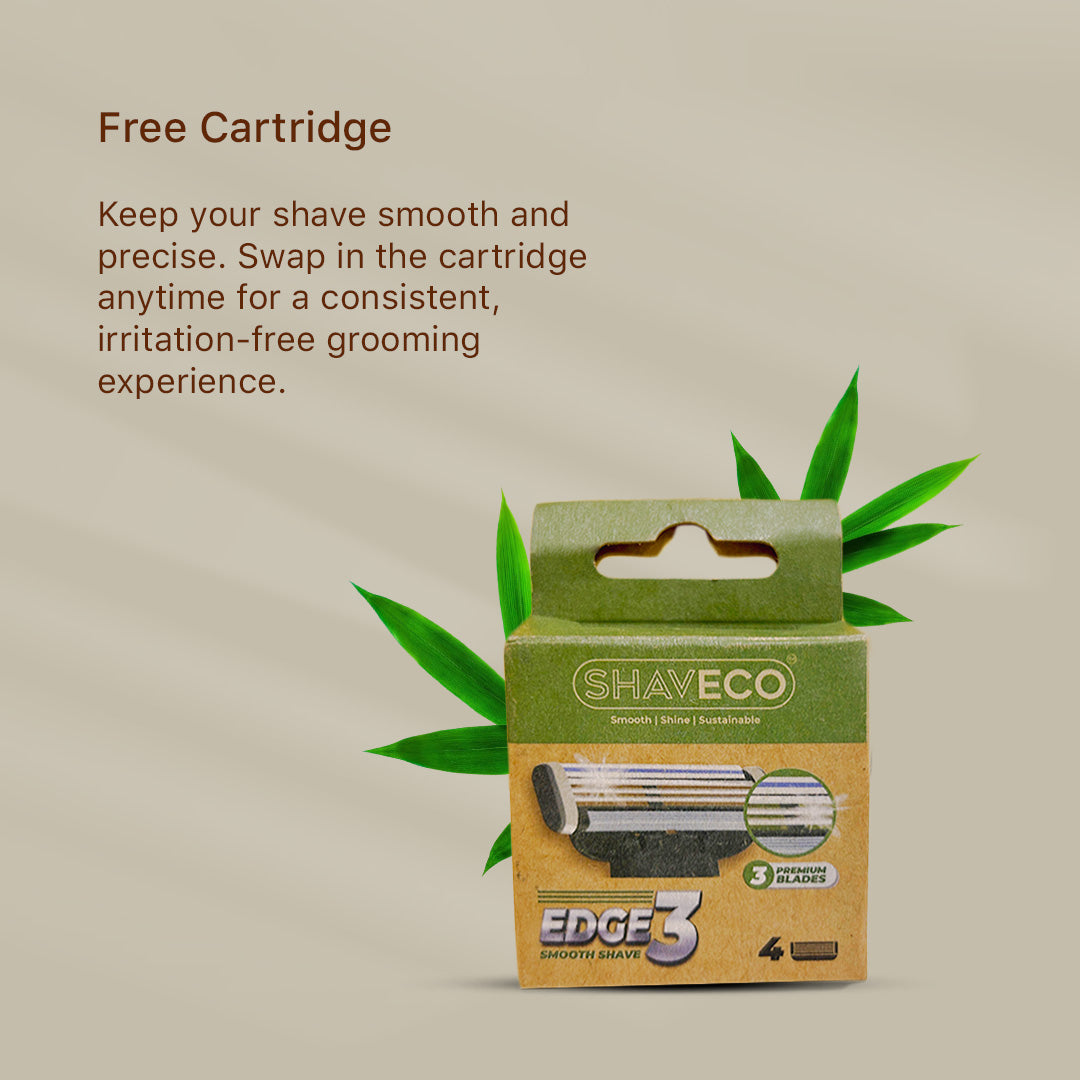 shaveco Edge3 cartridge packaging with text on a beige background