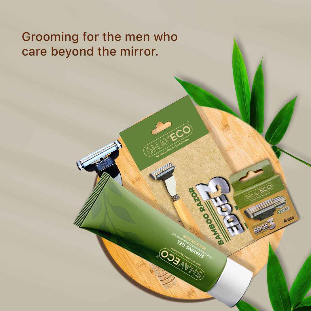 Bamboo Edge 3 Razor & Aloevera Shaving Gel with Free 1 Set Cartridge - Eco-Friendly Grooming Combo
