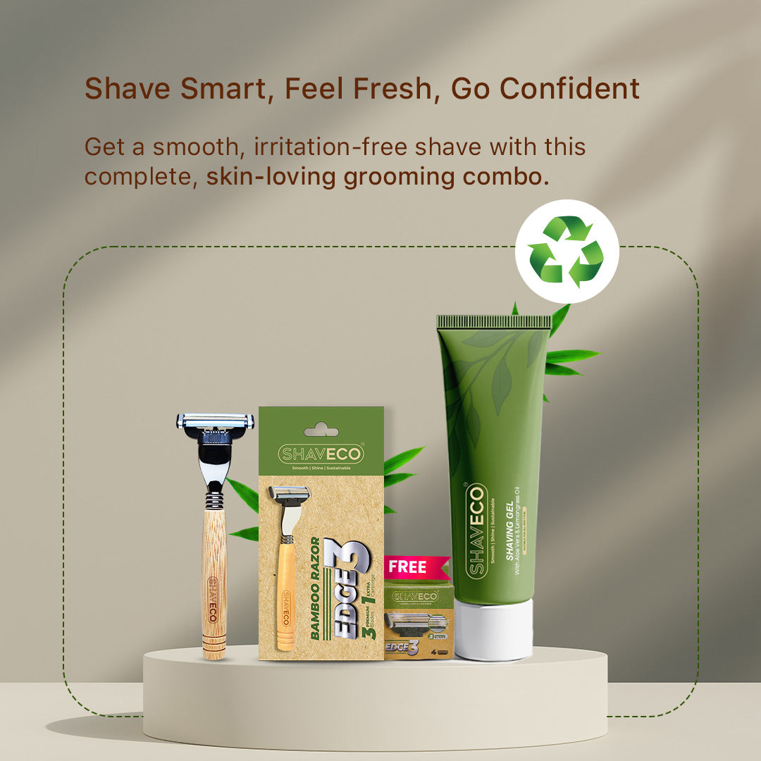 shaving combo with razor, packaging, and tube of cream on a neutral background with text 'Shave Smart, Feel Fresh, Go Confident'.