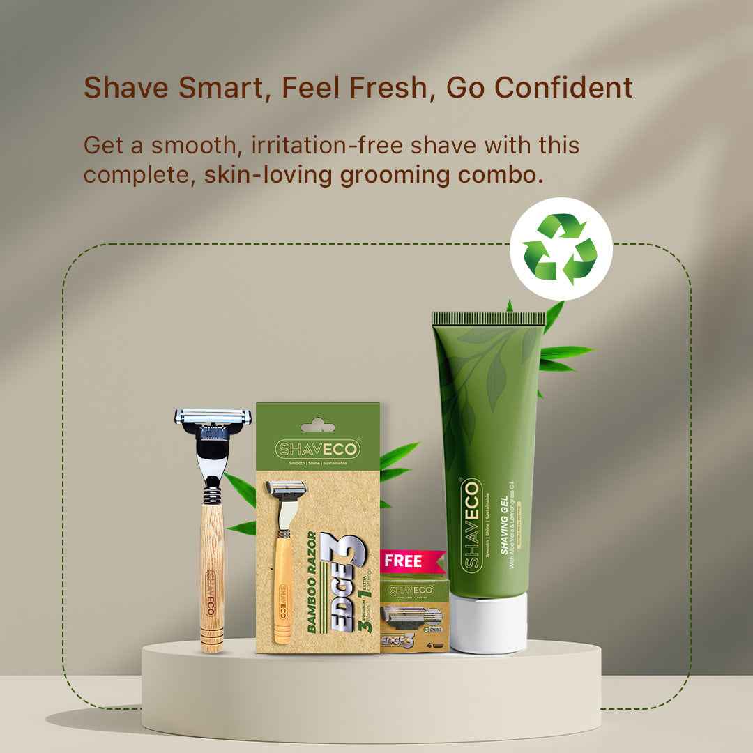 Bamboo Edge 3 Razor & Aloevera Shaving Gel with Free 1 Set Cartridge - Eco-Friendly Grooming Combo