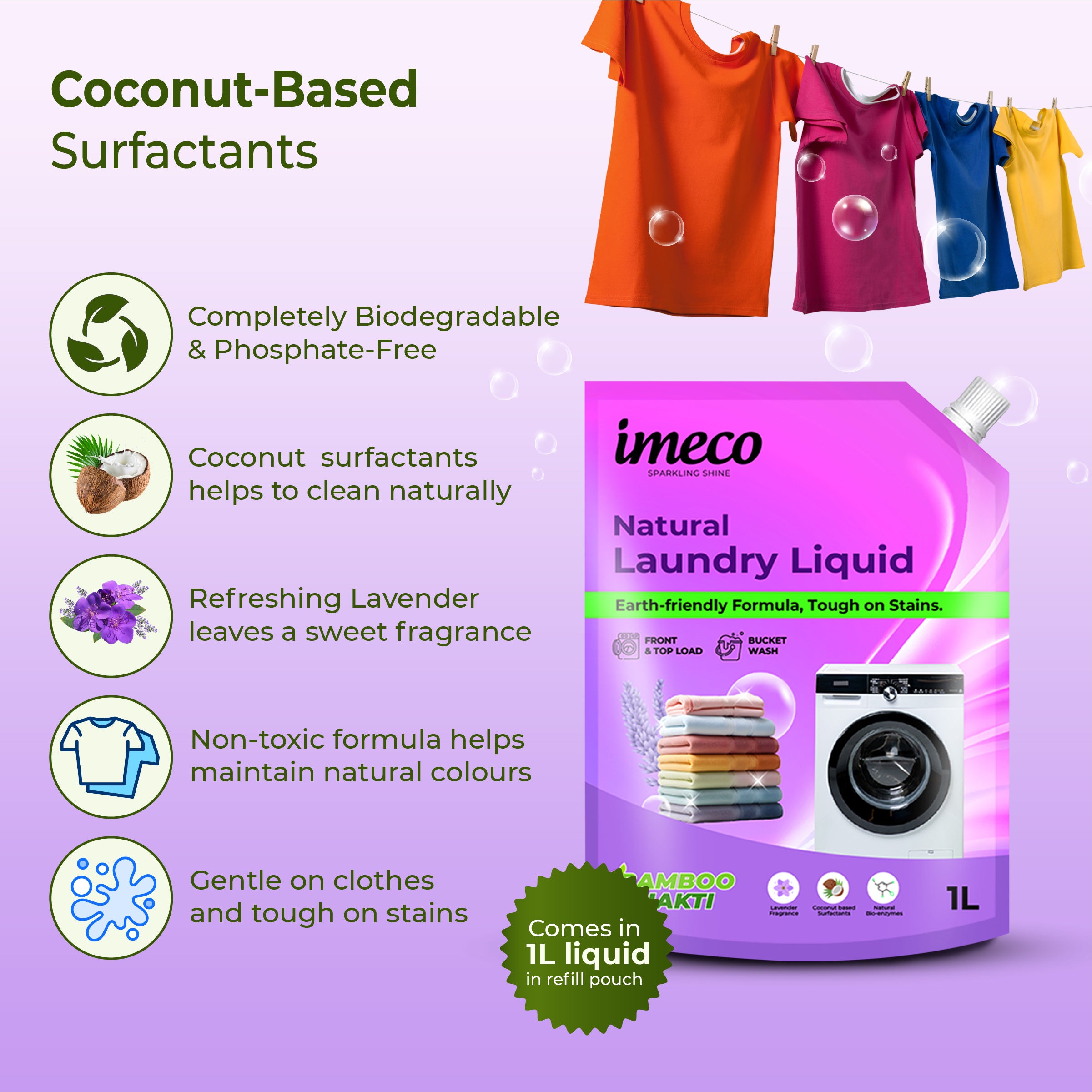 Natural Laundry Liquid – Coconut-Based Cleaning Power - 1 Litre Pouch (Pack of 2) - Imeco India