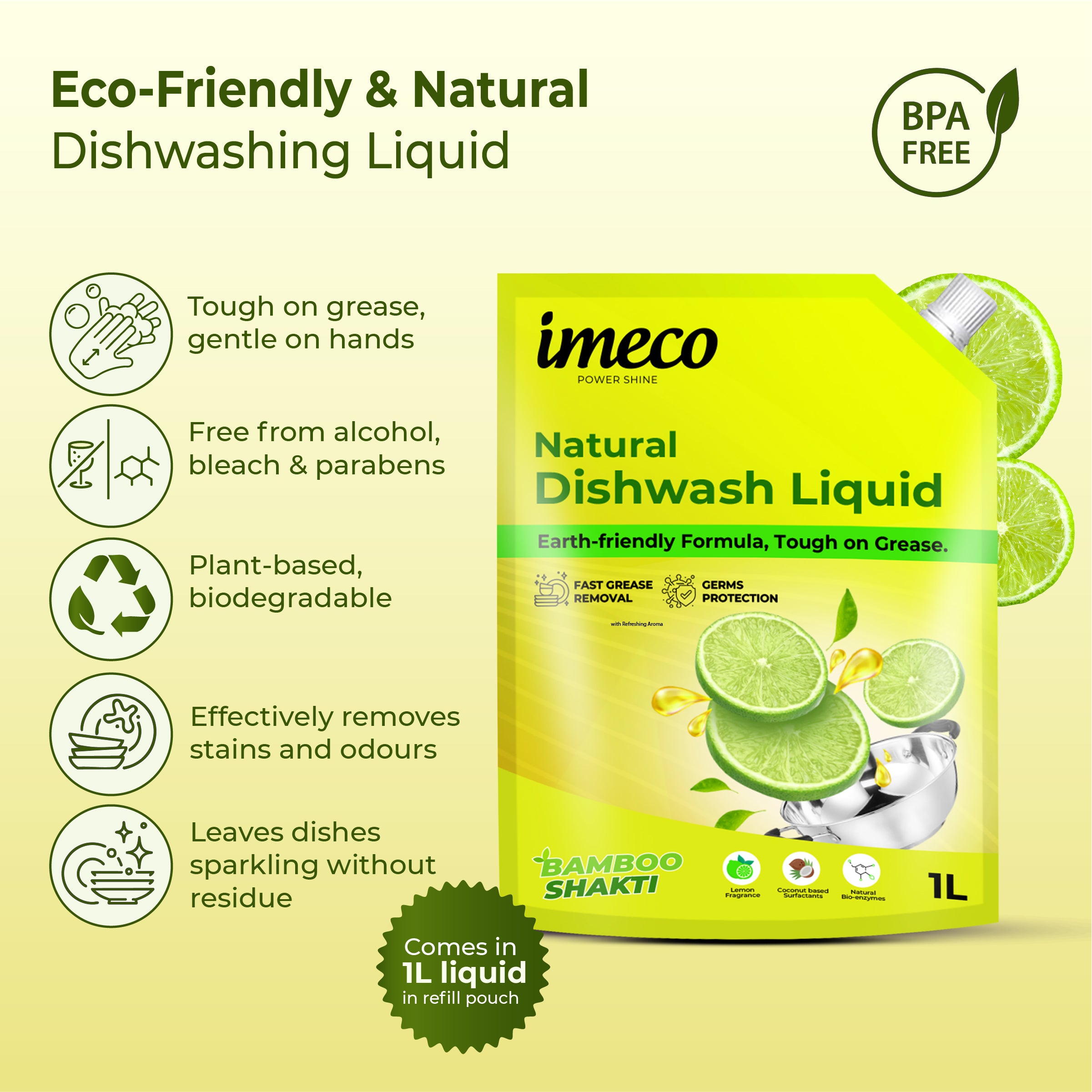 Natural Dishwash Liquid – Coconut-Based, Lemon Fresh - 1 Litre Pouch (Pack of 2) - Imeco India