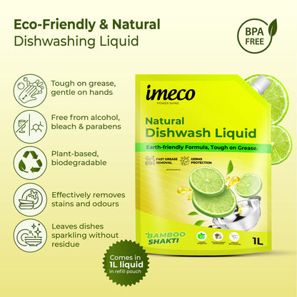 Natural Dishwash Liquid – Coconut-Based, Lemon Fresh - 1 Litre Pouch (Pack of 2) - Imeco India