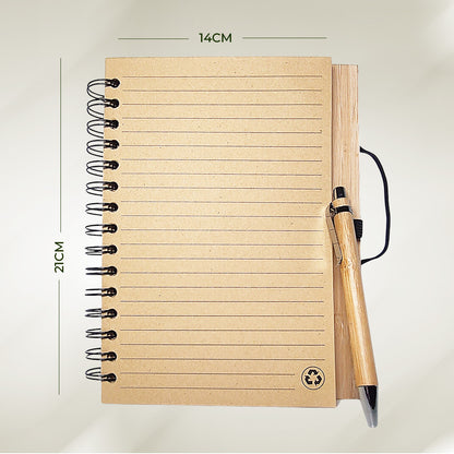 imeco bamboo diary with a pen with size mentioned against a white background