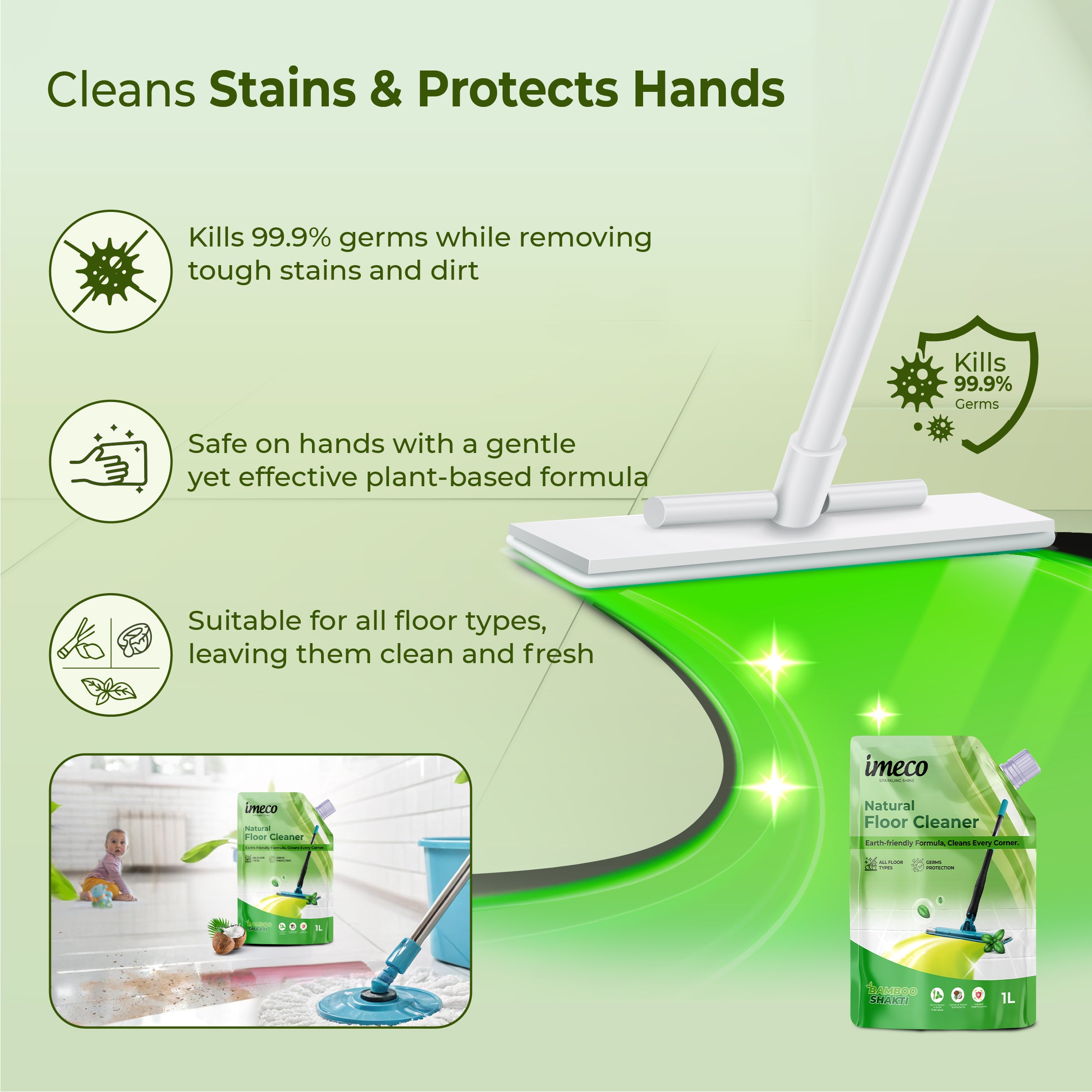 Natural Floor Cleaner – Lemongrass & Basil - 1 Litre, Pouch (Pack of 2) - Imeco India