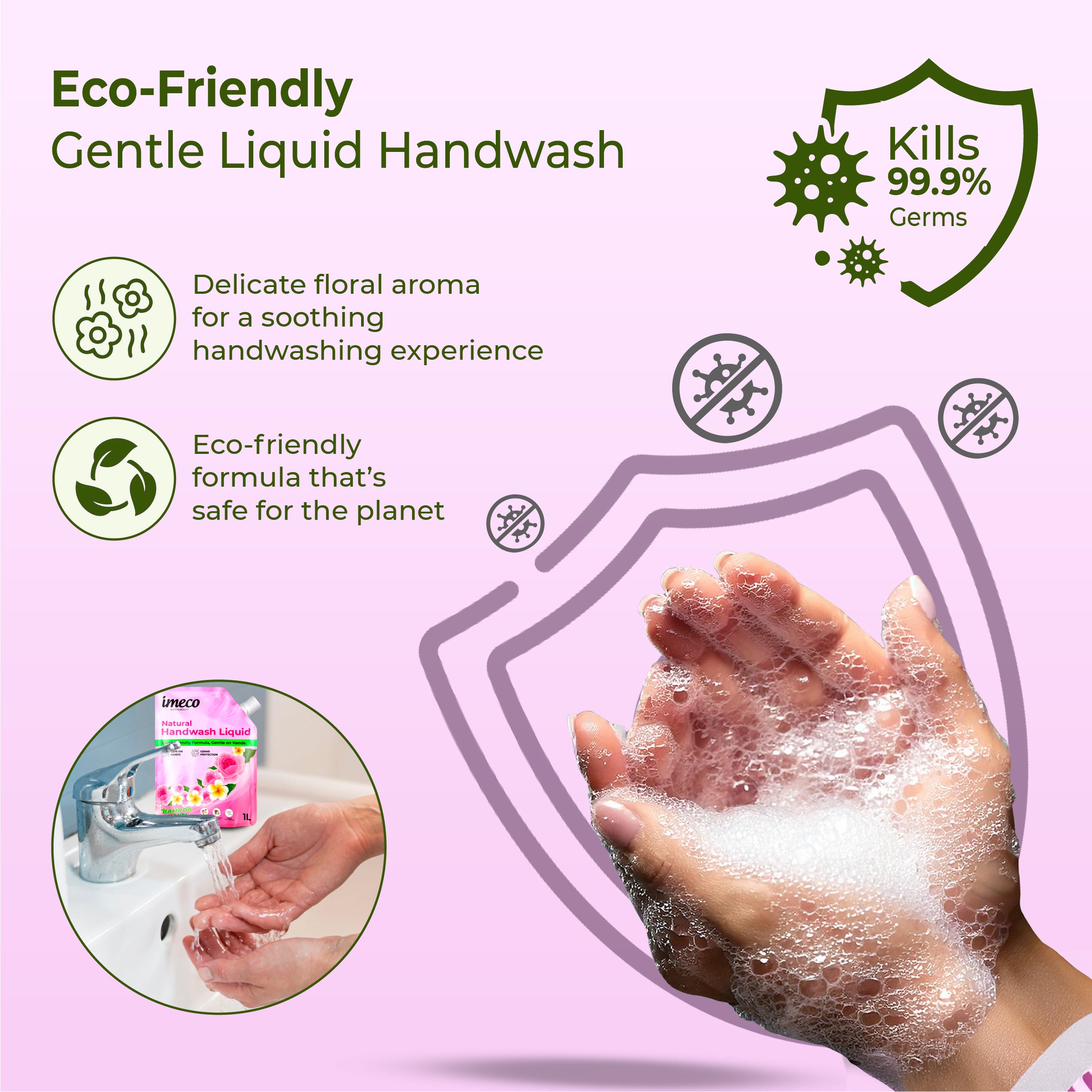 IMECO Natural Hand Wash – Kills 99% Germs (1 L, Pouch)