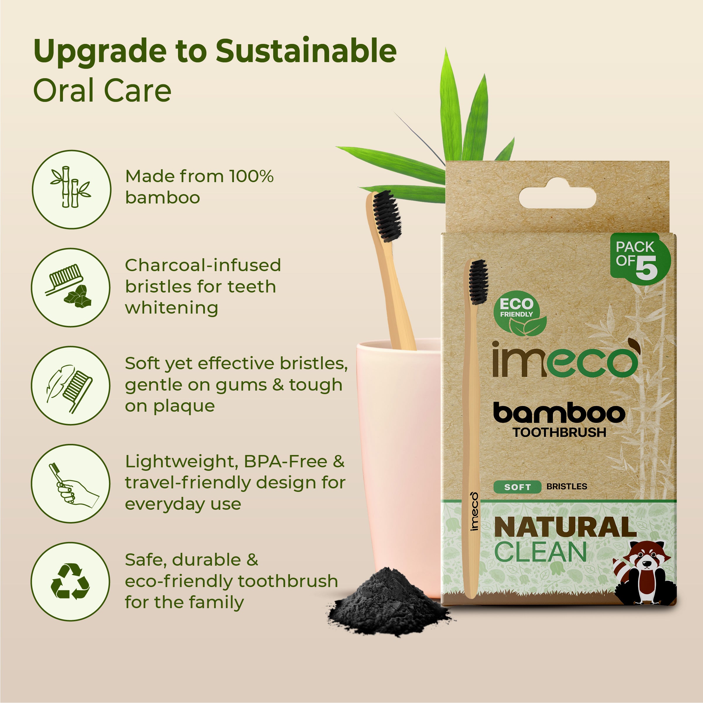 Natural Clean Bamboo Charcoal Toothbrush (Pack of 5) - Imeco India