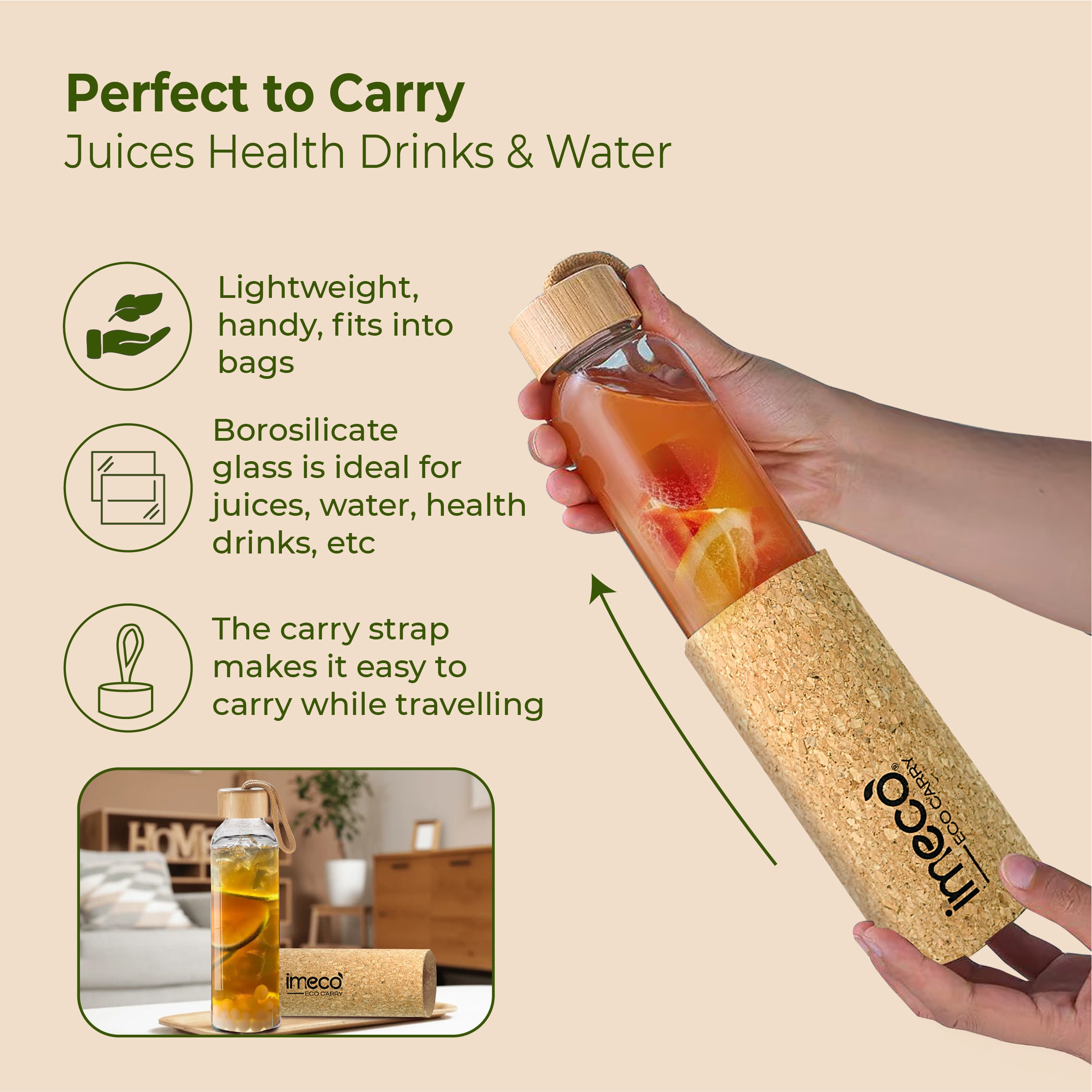 ECO CARRY Borosilicate Glass Water Bottle (500 ml)