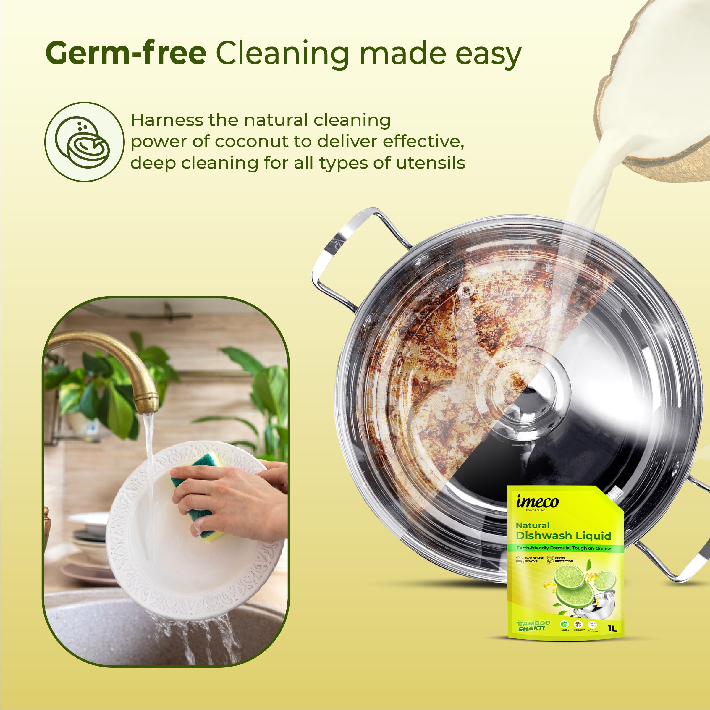 Natural Dishwash Liquid – Coconut-Based, Lemon Fresh - 1 Litre Pouch (Pack of 2) - Imeco India