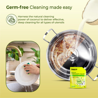 Natural Dishwash Liquid – Coconut-Based, Lemon Fresh - 1 Litre Pouch (Pack of 2) - Imeco India