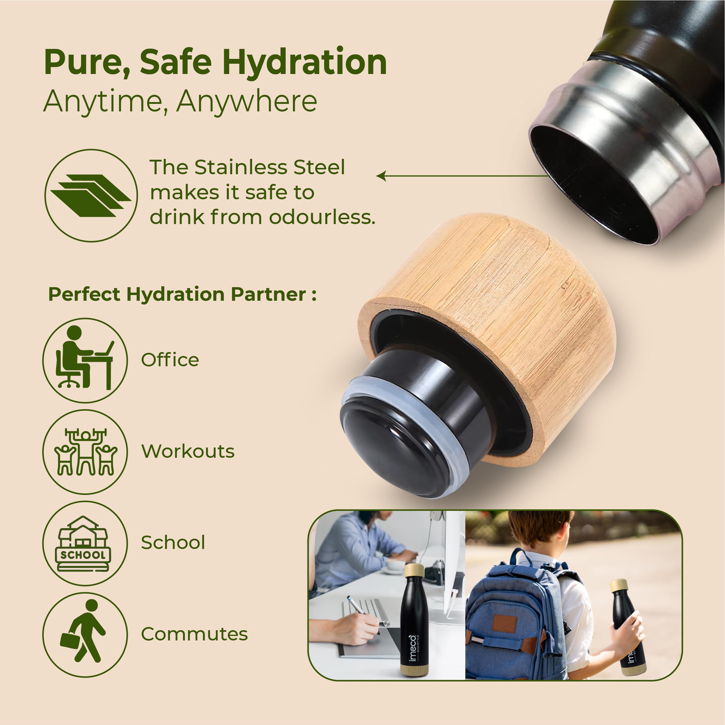 ECO STYLE Stainless Steel Water Bottle with Bamboo Base - Bamboo Lid (500 ml)