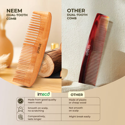 Neem Wood Dual -Tooth Hair Comb (Pack of 3) - Imeco India