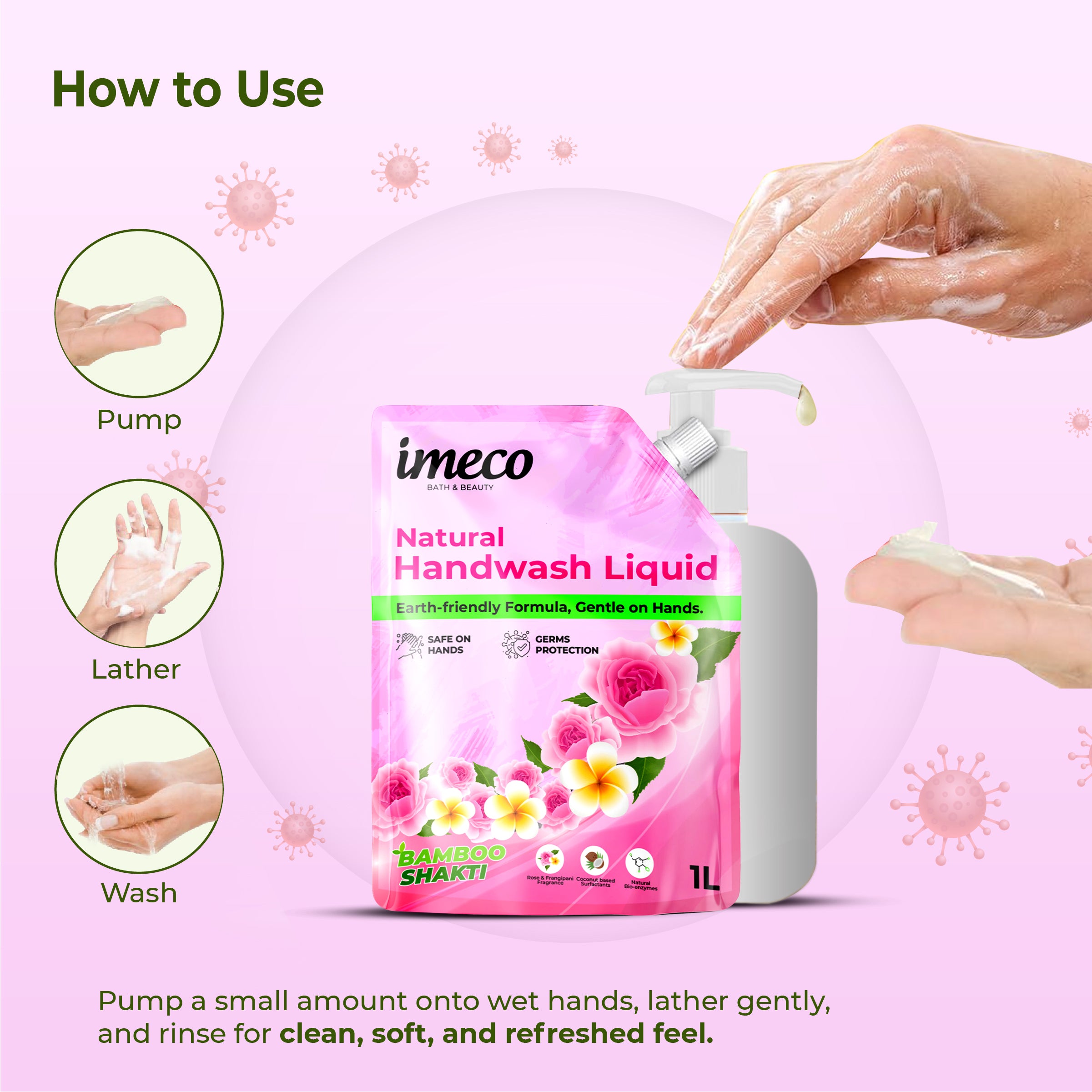 IMECO Natural Hand Wash – Kills 99% Germs (1 L, Pouch)