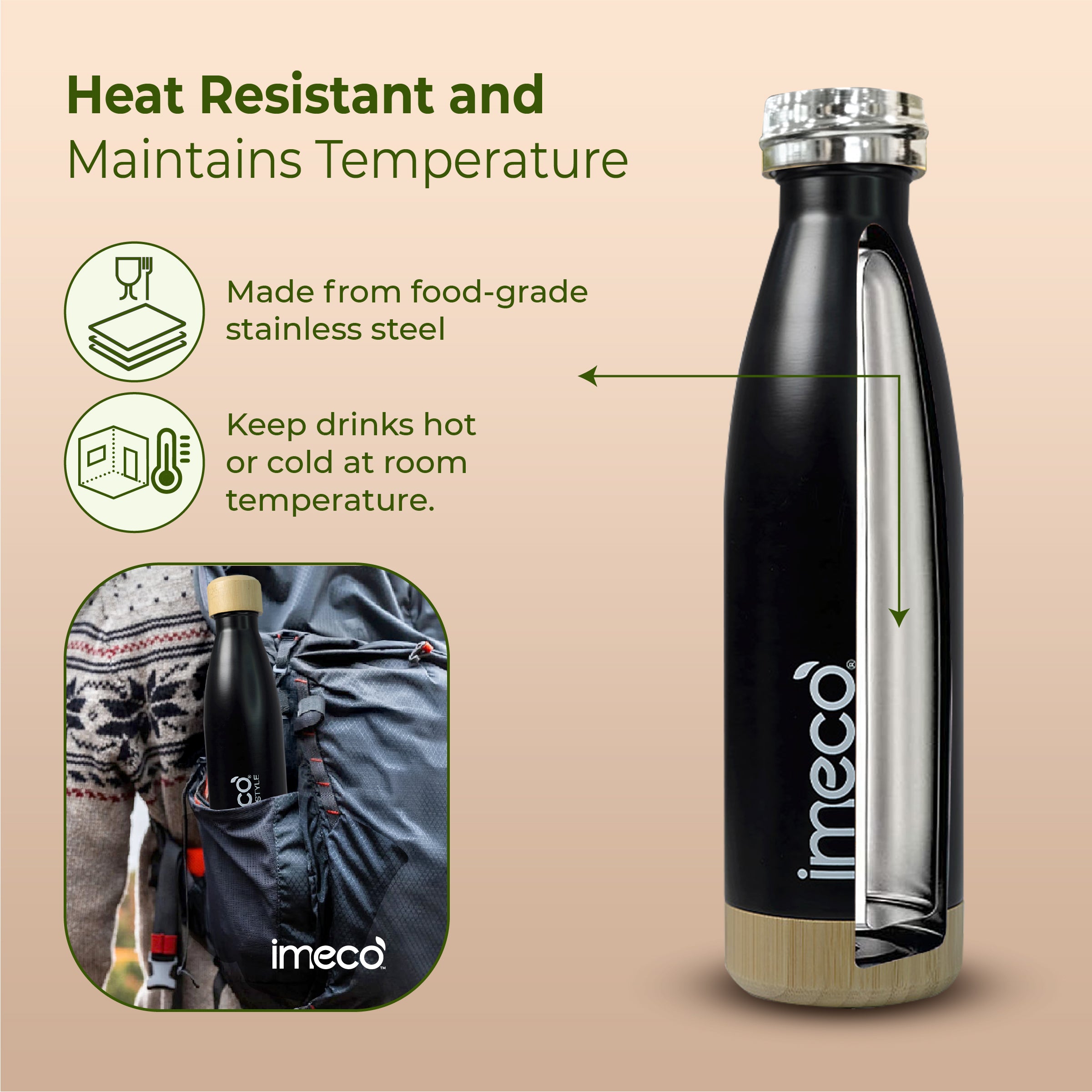 ECO STYLE Stainless Steel Water Bottle with Bamboo Base - Bamboo Lid (500 ml)