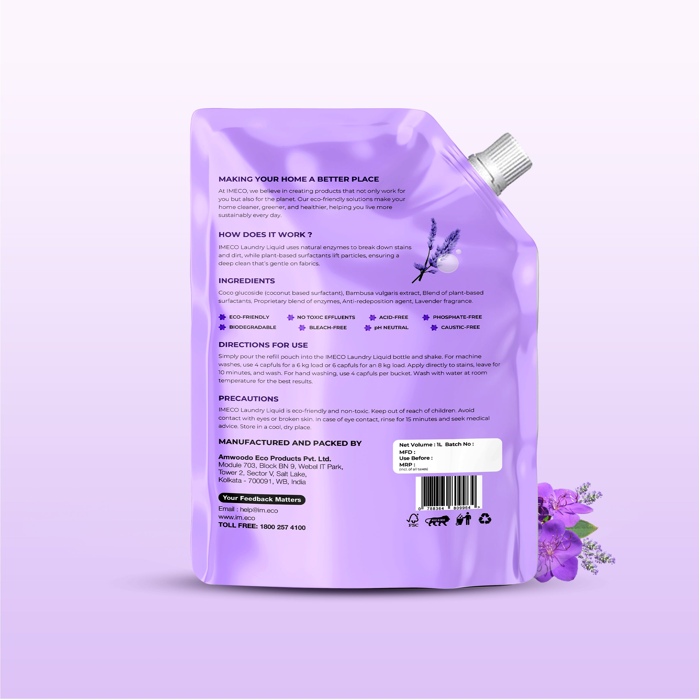 Natural Laundry Liquid – Coconut-Based Cleaning Power - 1 Litre Pouch (Pack of 2) - Imeco India