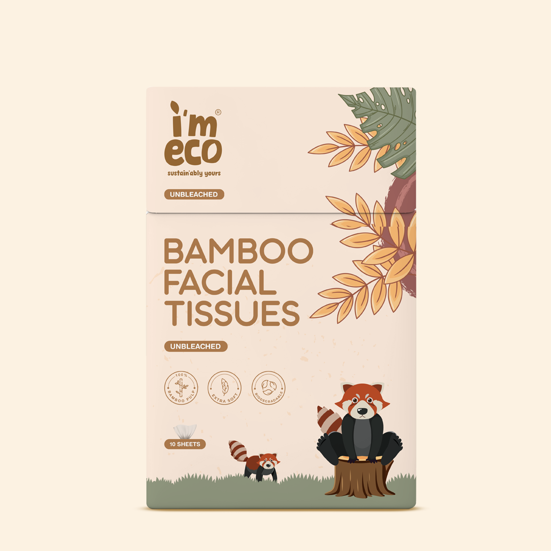 Box of eco-friendly bamboo pocket tissue with red panda illustrations on a beige background.