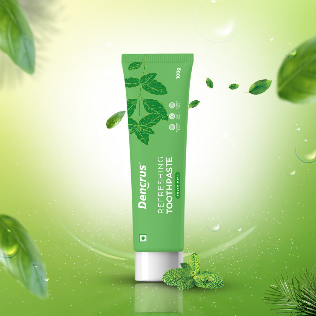 A green tube of Dencrus' refreshing toothpaste in natural mint flavor.