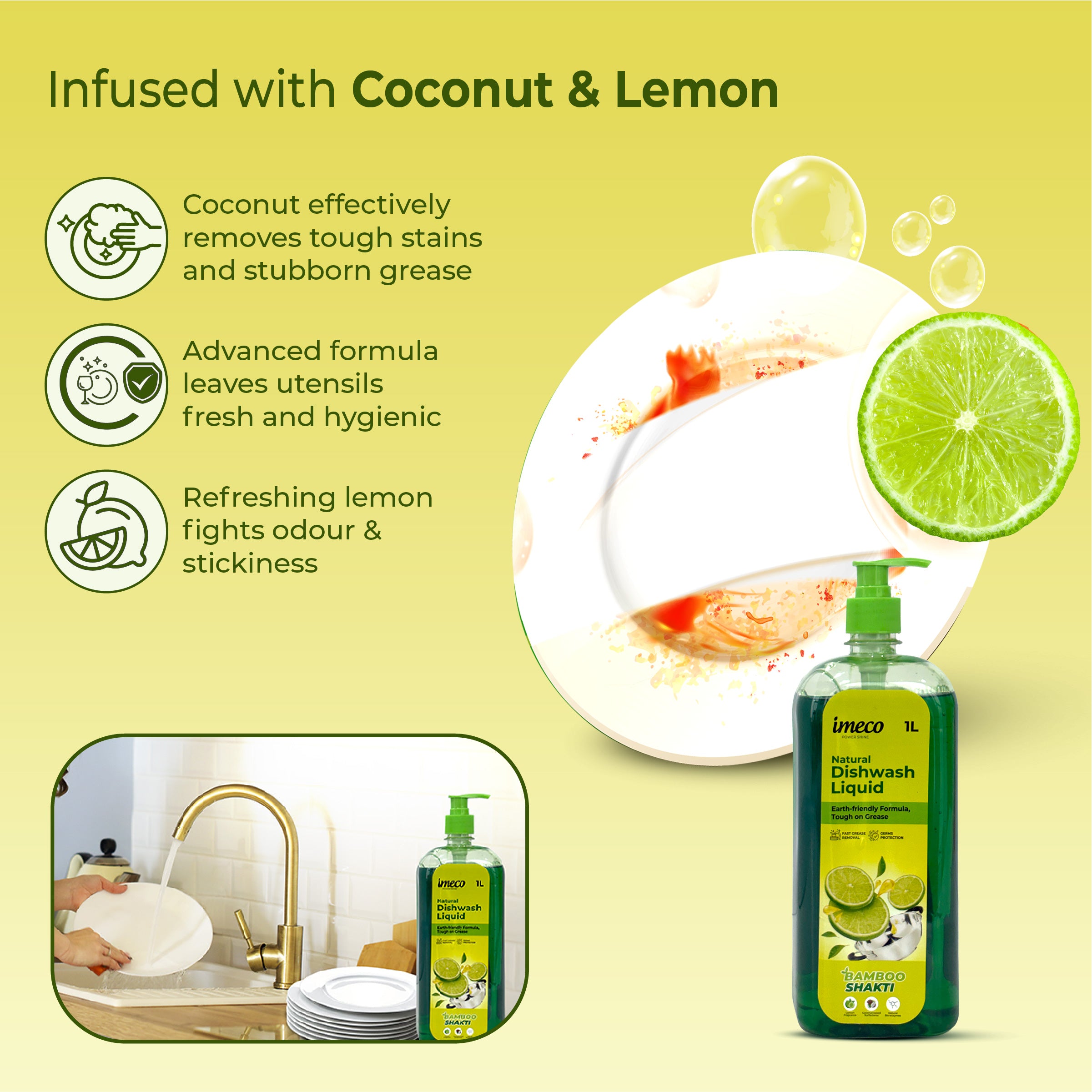 Natural Dishwash Liquid – Coconut-Based, Lemon Fresh (1 Litre)