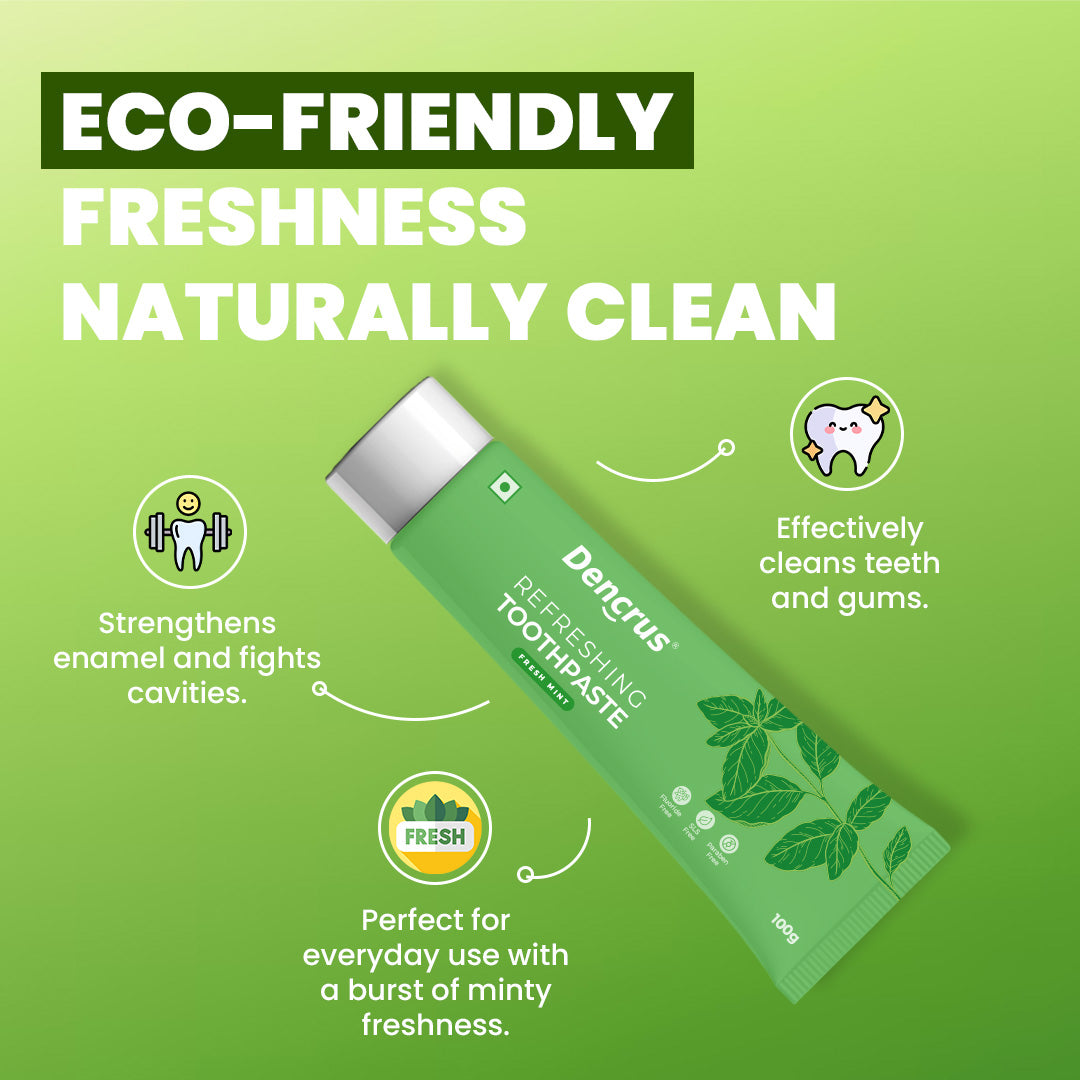 Dencrus' eco-friendly mint toothpaste helps with strong enamel & clean teeth and gums.