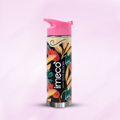 imeco bamboo bottle with floral design and pink cap on a light purple background