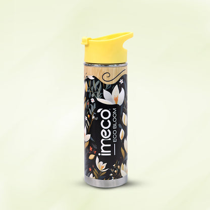 imeco eco bloom bamboo water bottle with a yellow cap against a white background