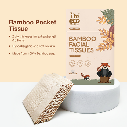 Bamboo pocket tissues with IMECO packaging on a light beige background.