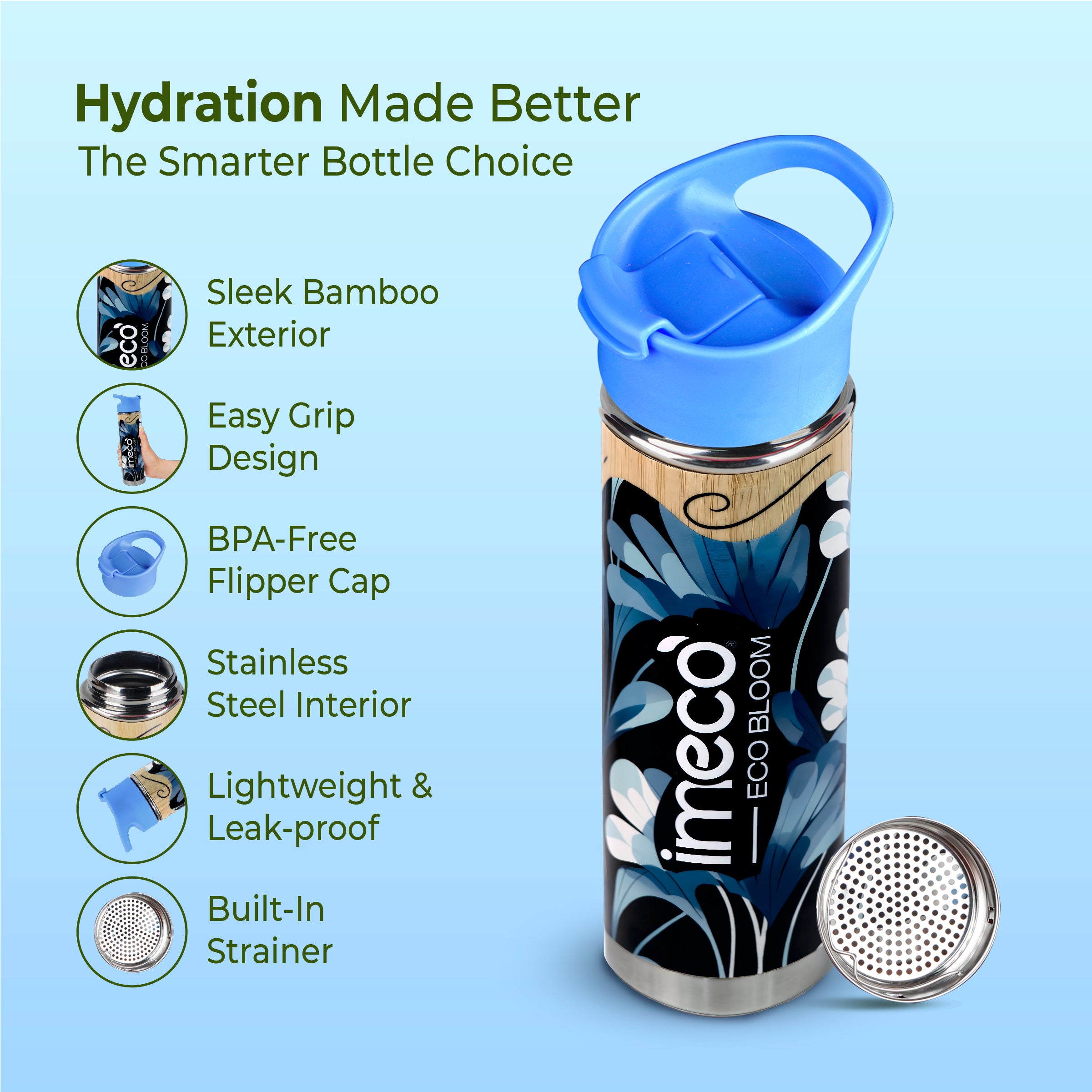 imeco bamboo water bottle with a blue cap with features mentioned against a light background