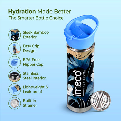 imeco bamboo water bottle with a blue cap with features mentioned against a light background
