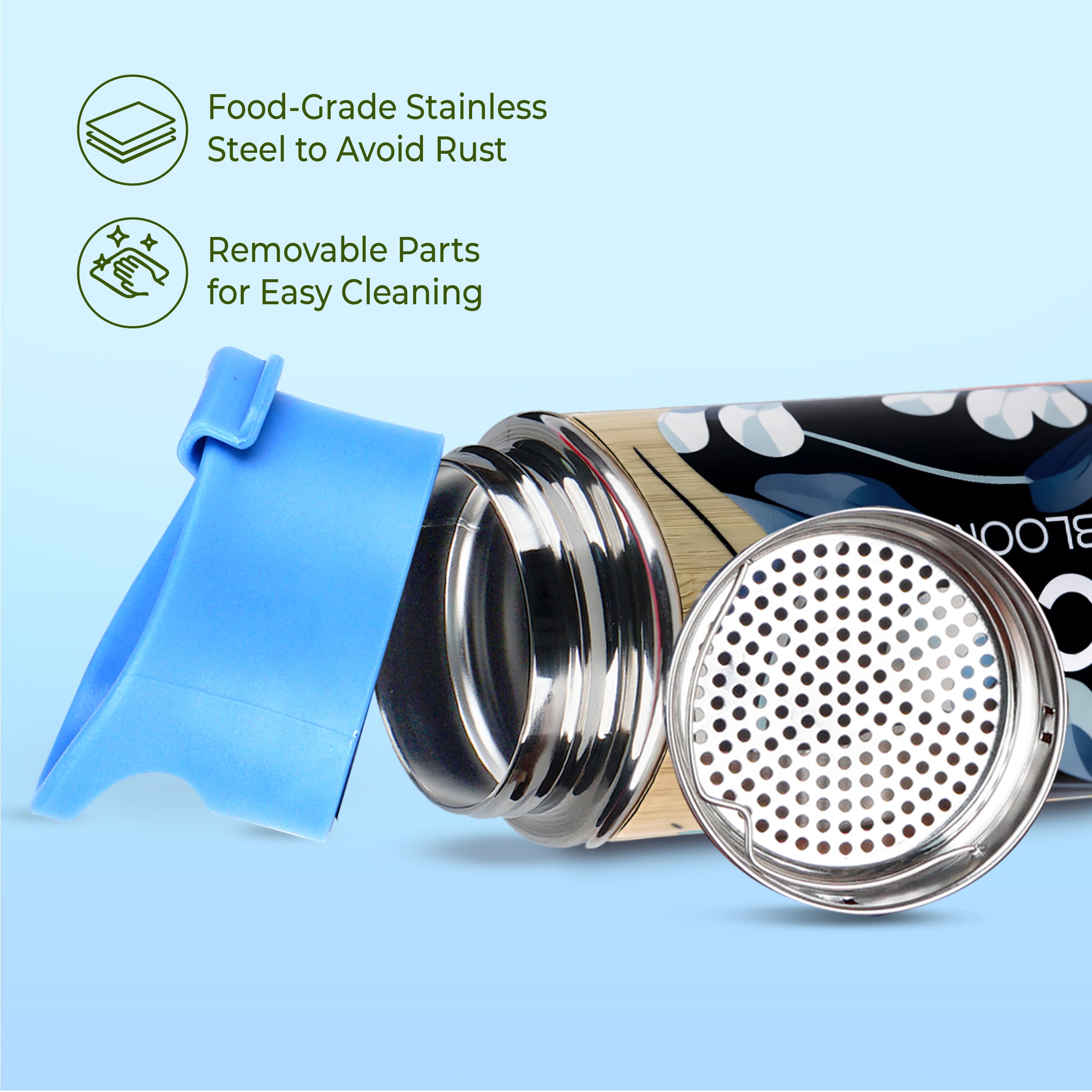 imeco bamboo water bottle with a cap and a strainer with a light blue background and features mentioned