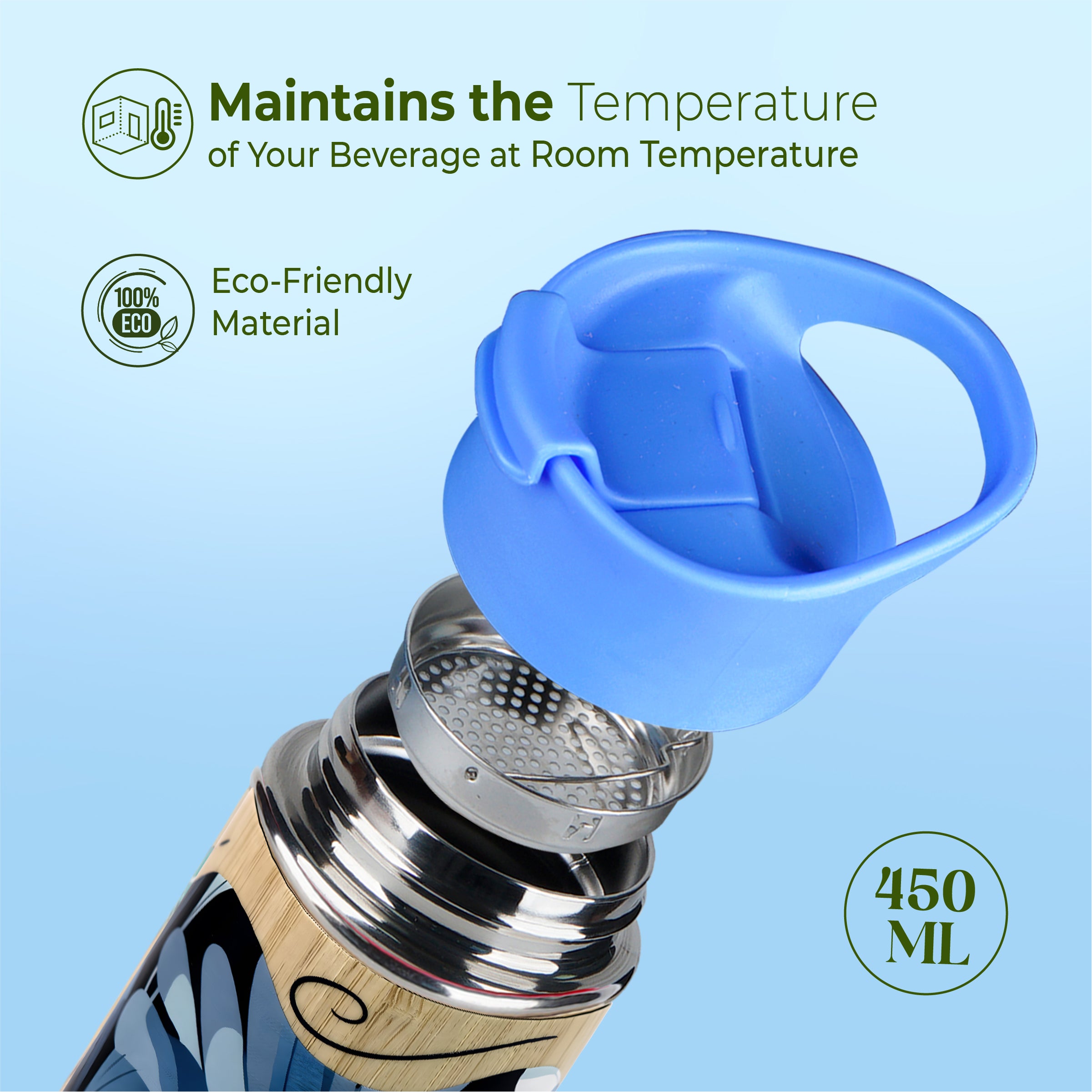 imeco eco bloom bamboo water bottle with a blue cap and strainer with temperature retention features mentioned against a light blue background